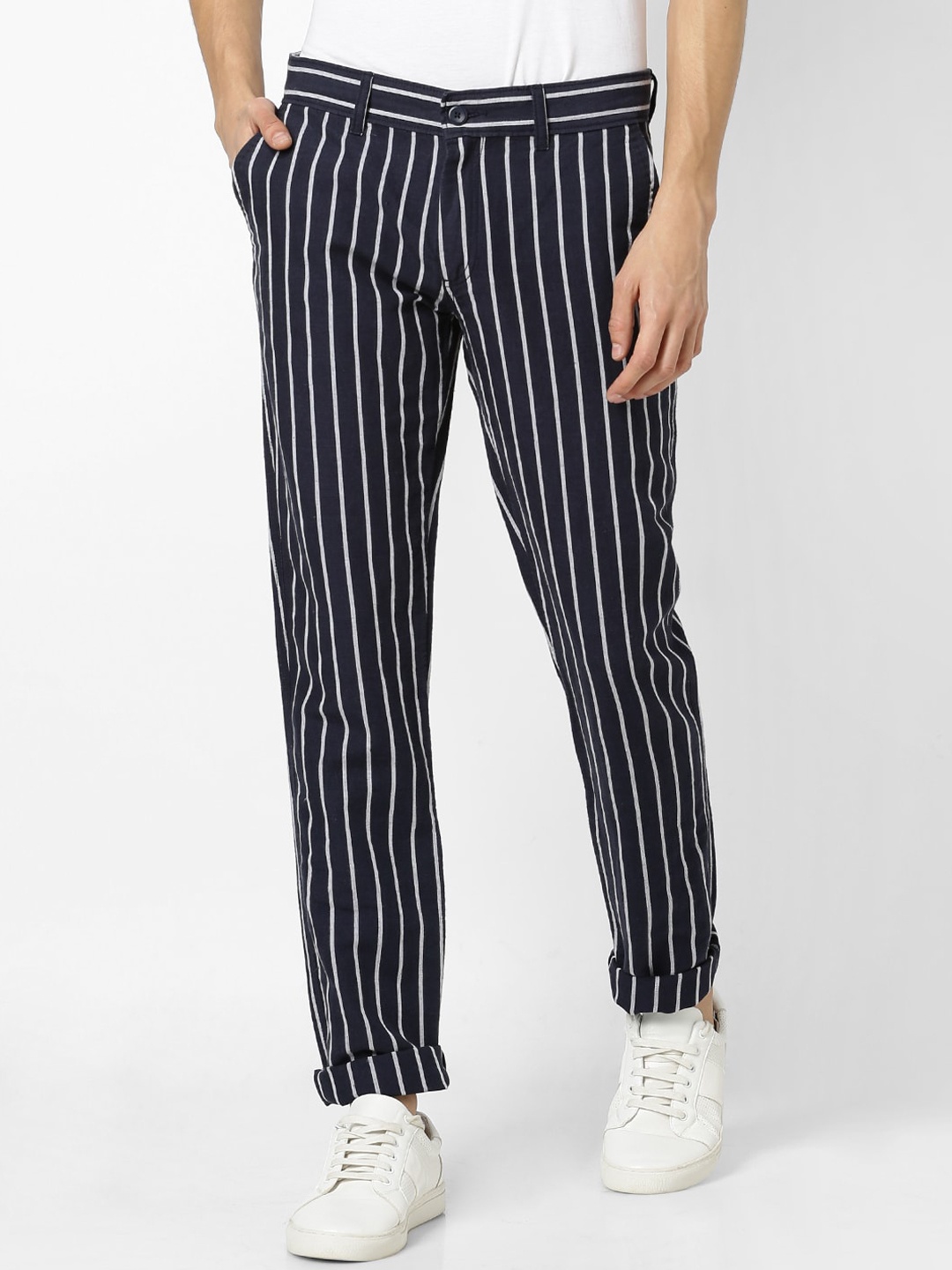 

Celio Men Navy Blue & White Slim Fit Striped Linen Regular Trousers