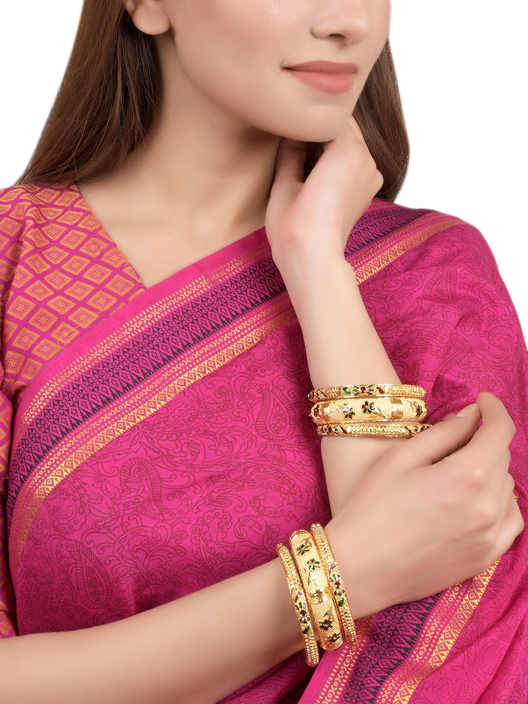 

Silvermerc Designs Set of 6 Gold Plated Red & Green Meenakari Traditional Bangles
