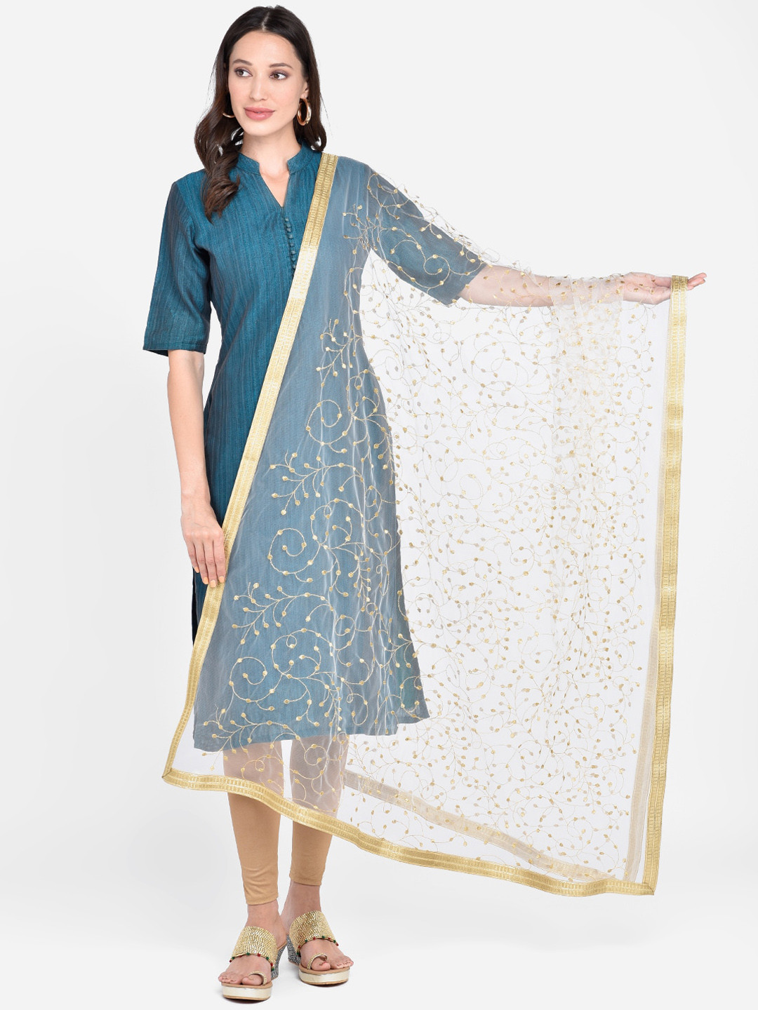 

Dupatta Bazaar White & Gold-Toned Embroidered Dupatta