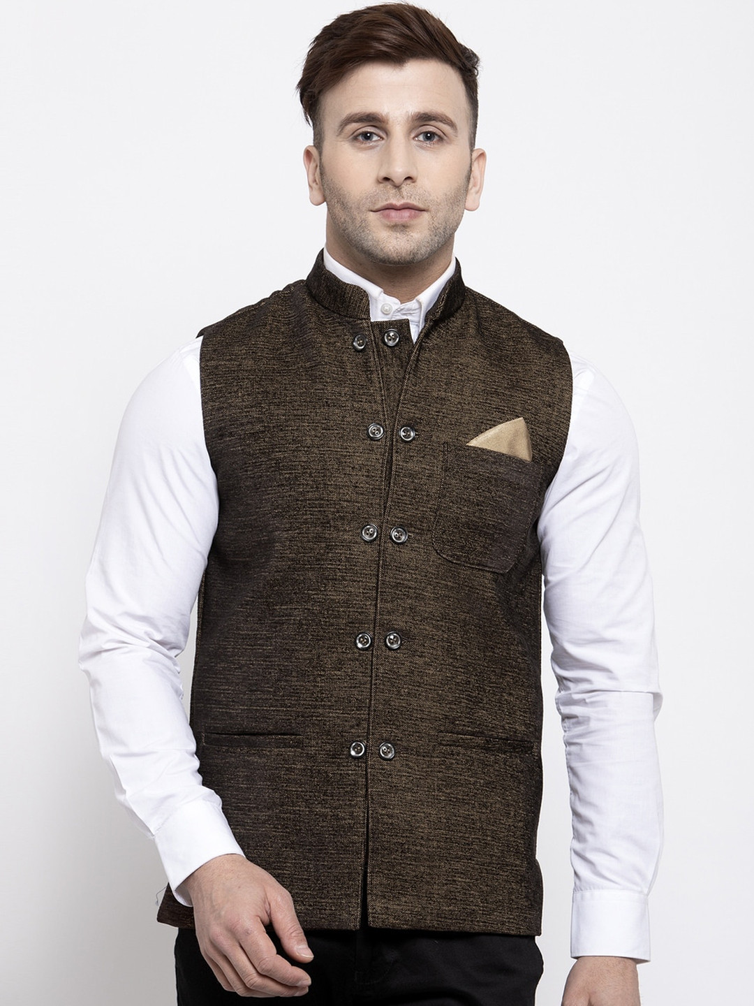 

KLOTTHE Men Brown Woven Design Nehru Jacket