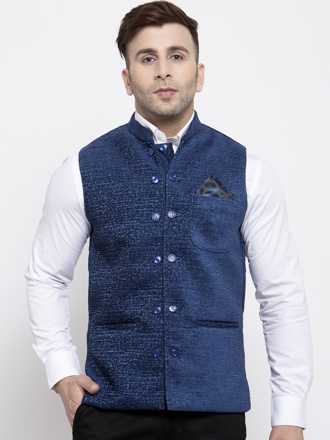 

KLOTTHE Men Blue Woven Design Nehru Jacket