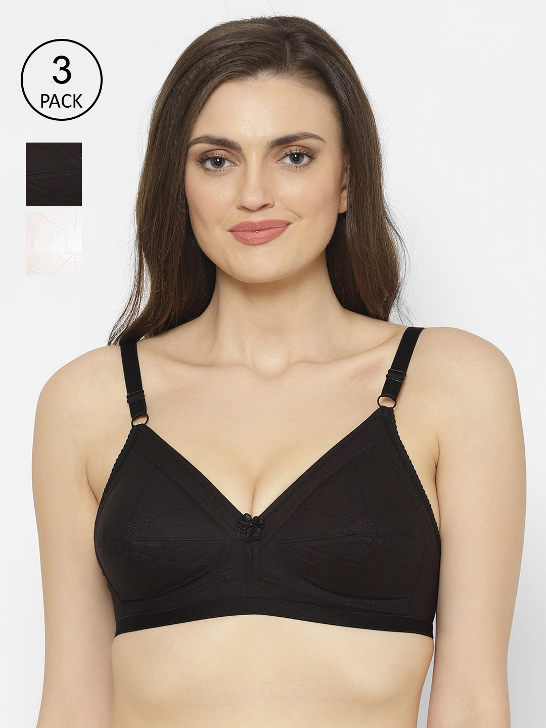 

Floret Black & White Solid Non Padded Everyday Bra Pack of 3 Kareena_Black-White-Black