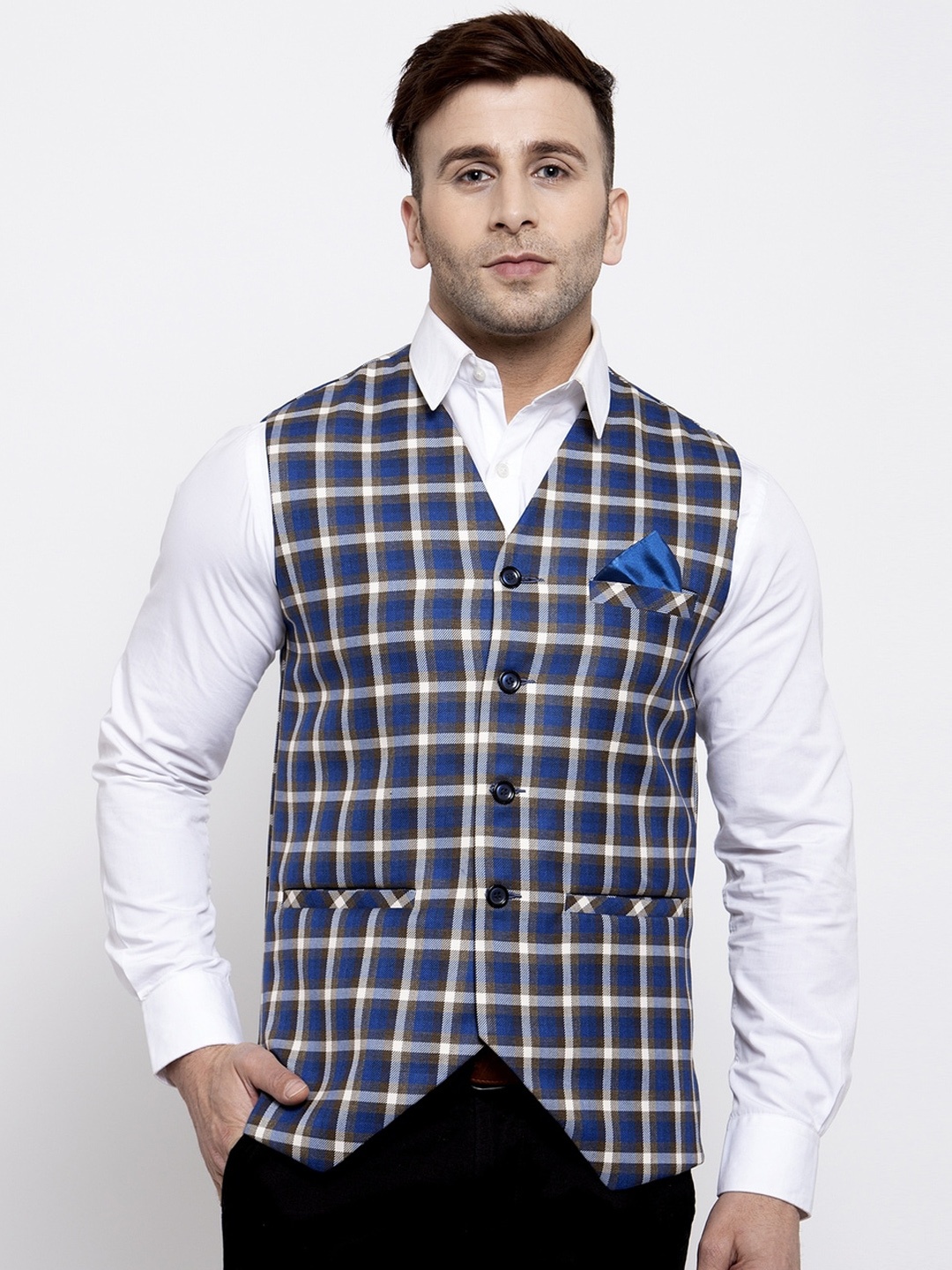 

KLOTTHE Men Blue & White Checked Nehru Jacket