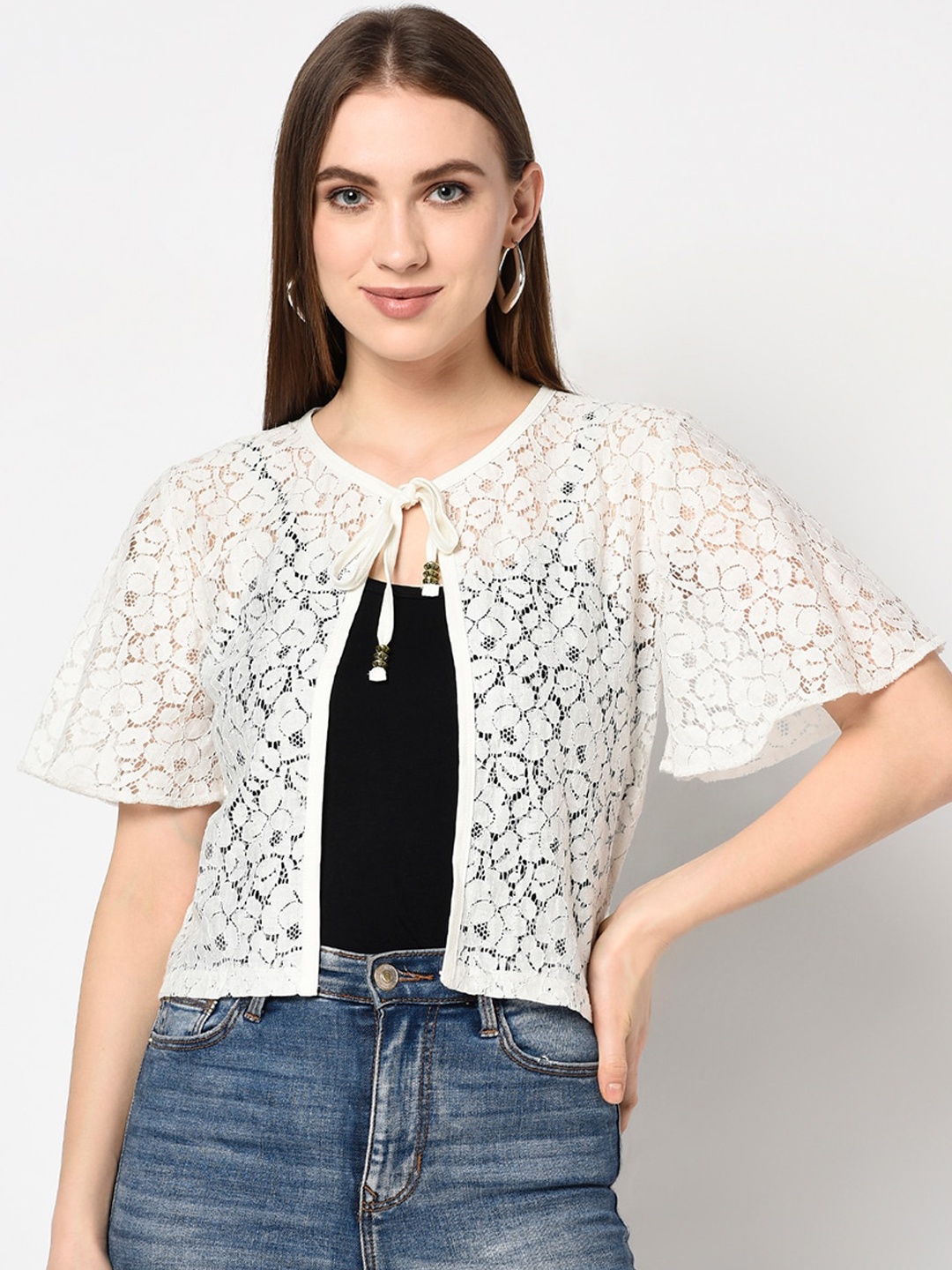 

Espresso Women Off-White Self Design Tie-Up Shrug