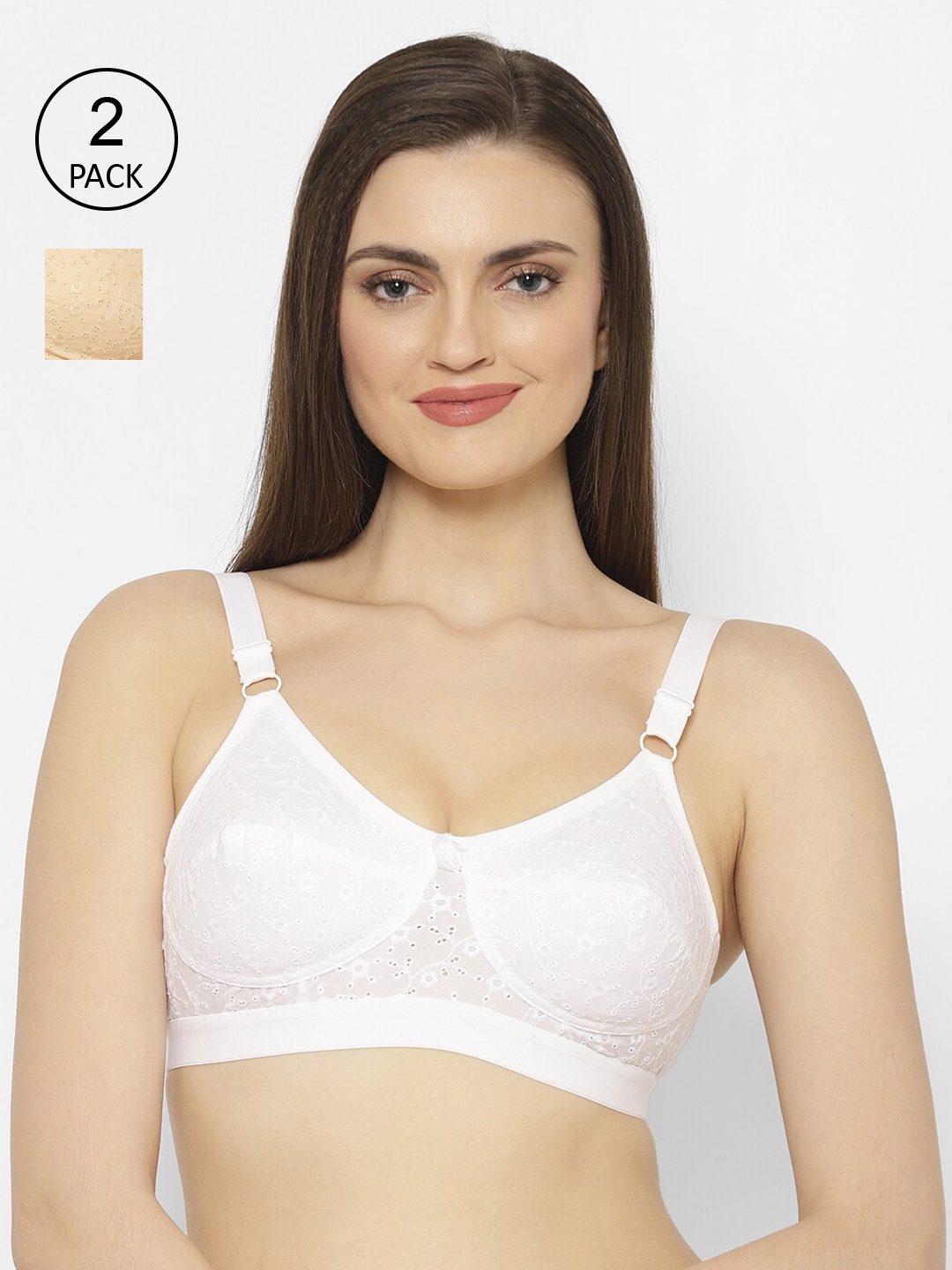 Floret White & Beige Self Design Non-Wired Non Padded Everyday Bra