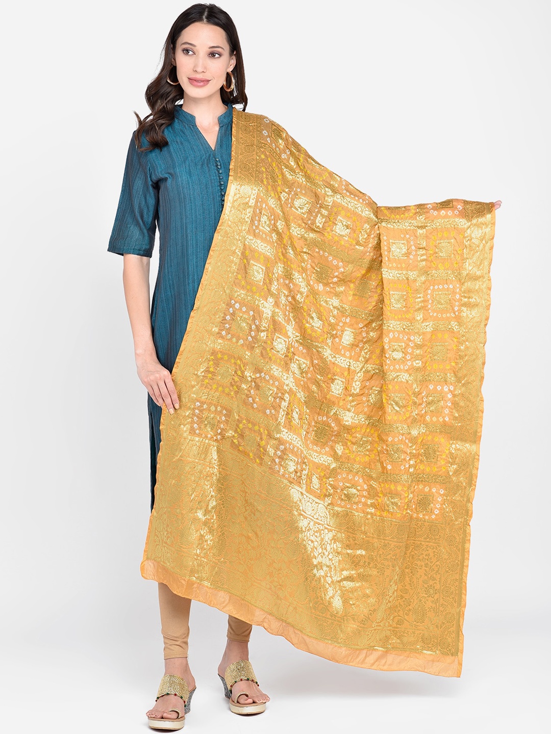 

Dupatta Bazaar Beige & Orange Banarasi Bhandej Gharchola Silk Dupatta