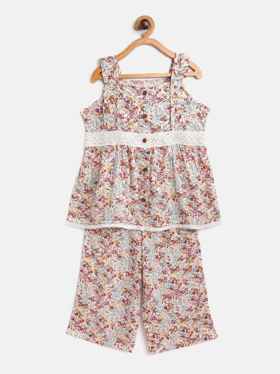 

Cherry Crumble Girls White & Red Floral Printed Night Suit