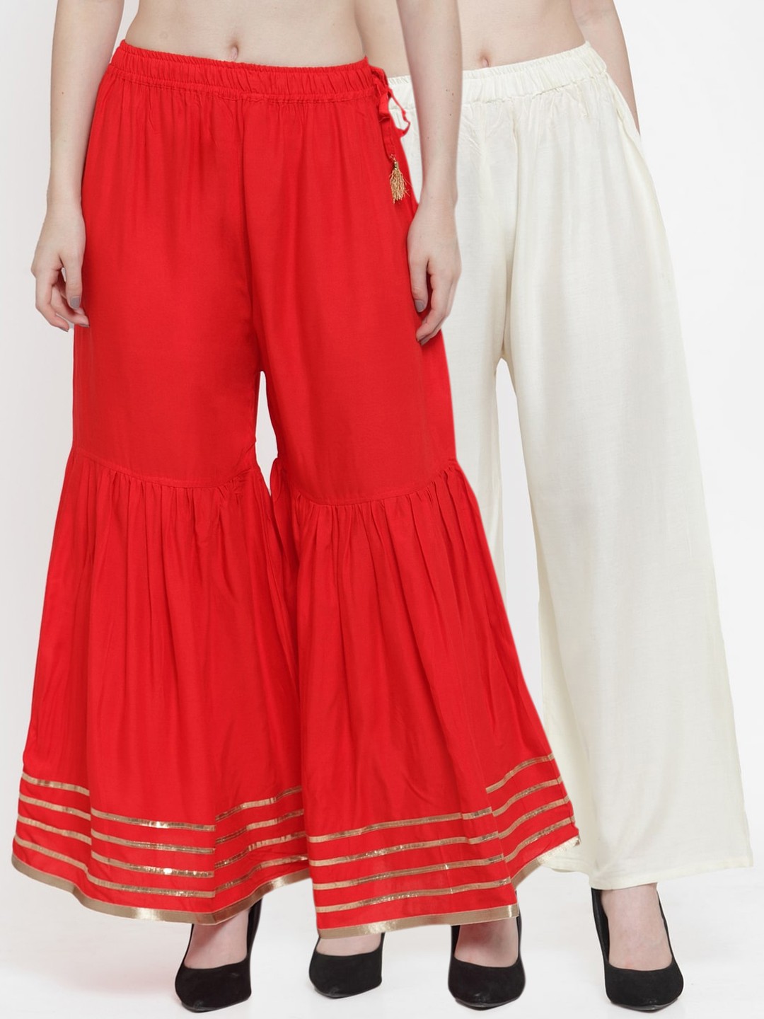 

TAG 7 Women Red & Off-White Set of 2 Flared Palazzos