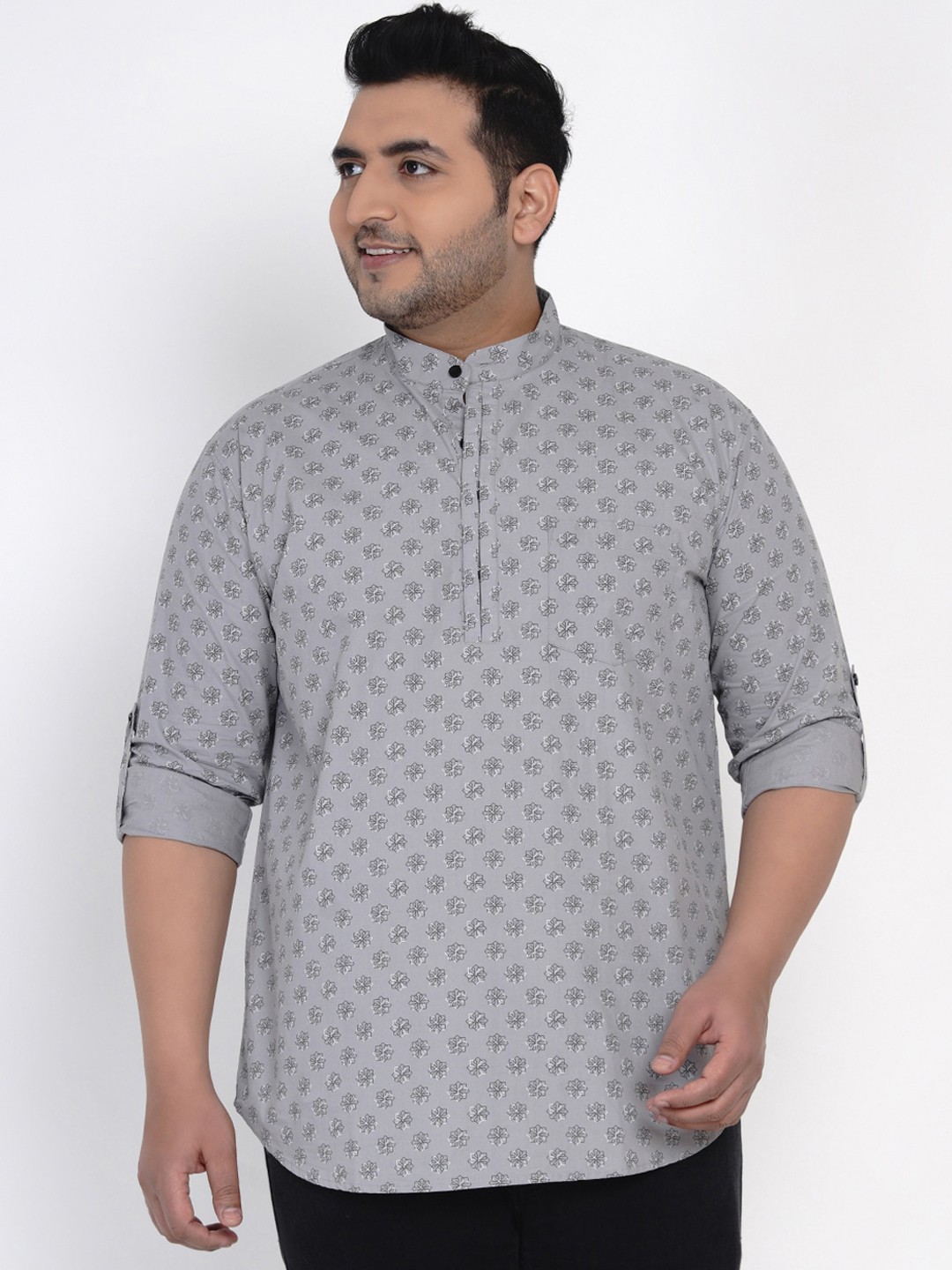

John Pride Plus Size Men Grey & Black Regular Fit Printed Casual Shirt