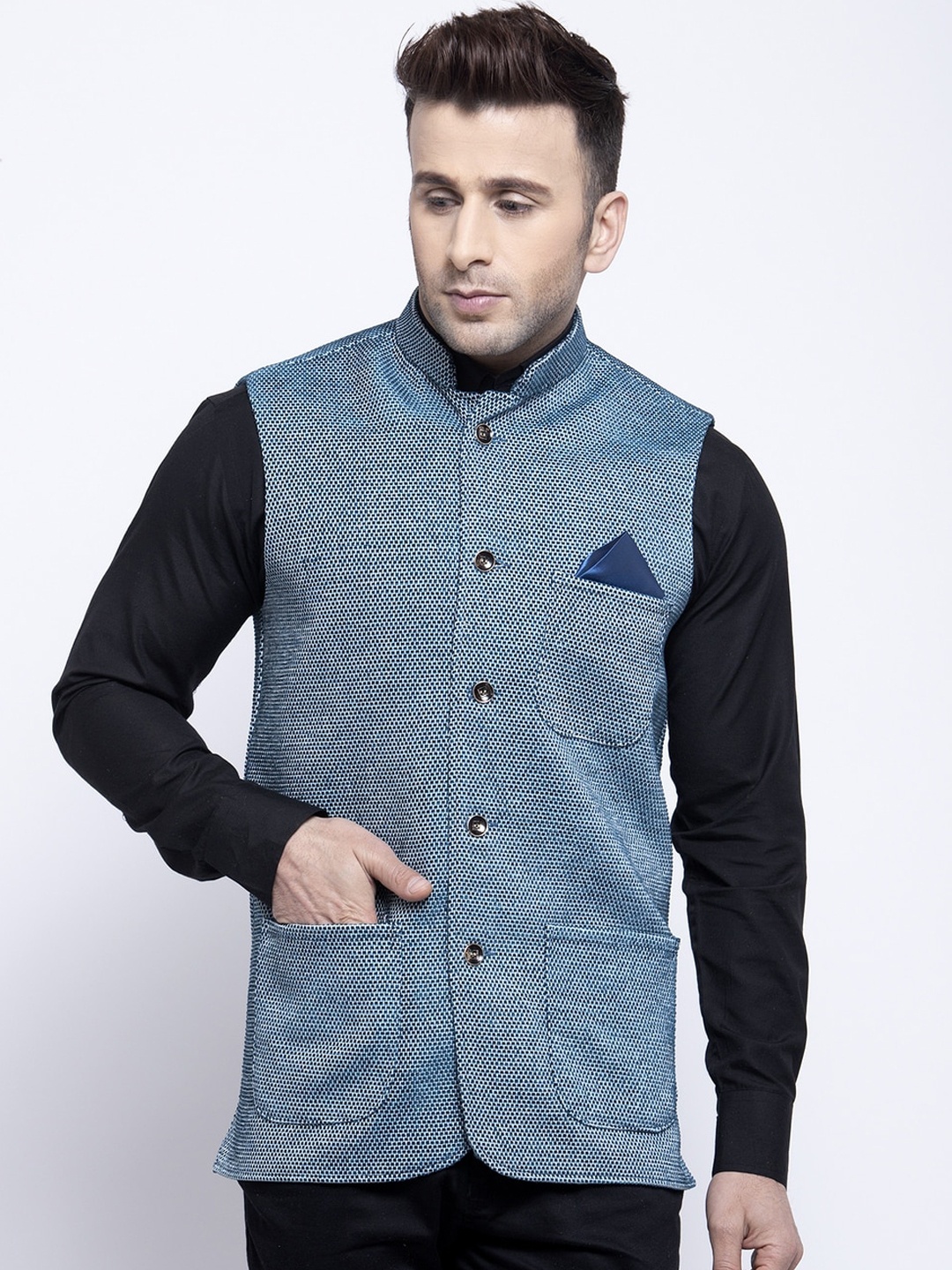 

KLOTTHE Men Blue Woven Design Nehru Jacket