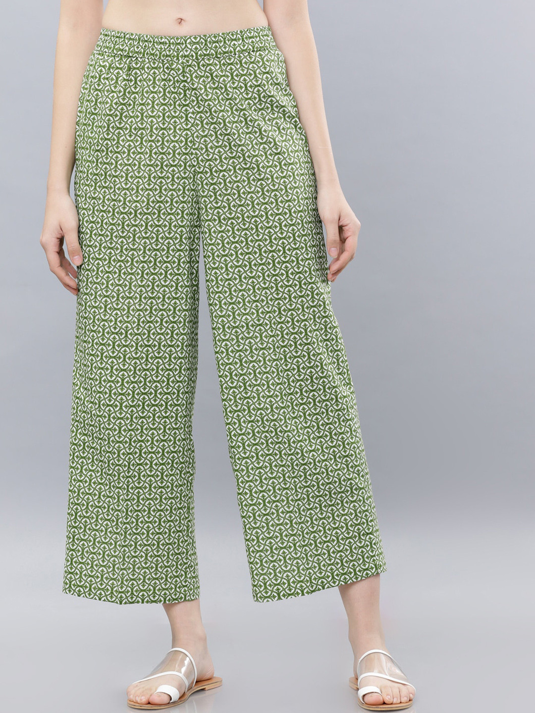 

Vishudh Women Green & White Printed Straight Palazzos