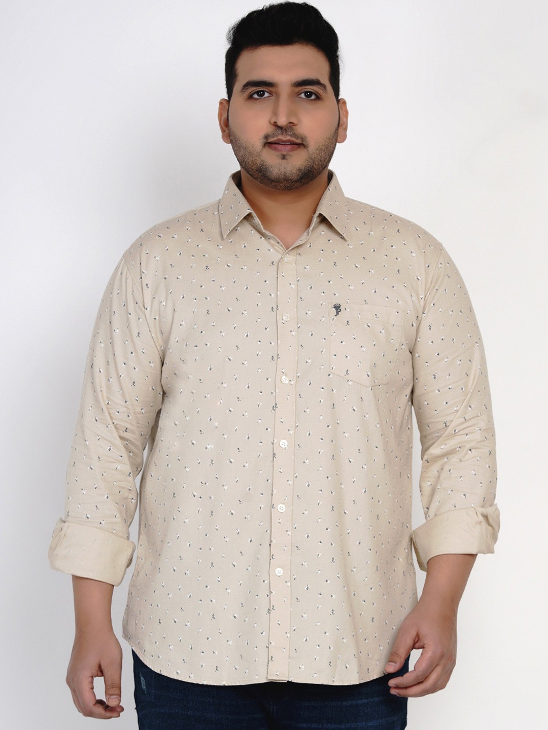 

John Pride Men Beige Regular Fit Printed Plus Size Casual Shirt