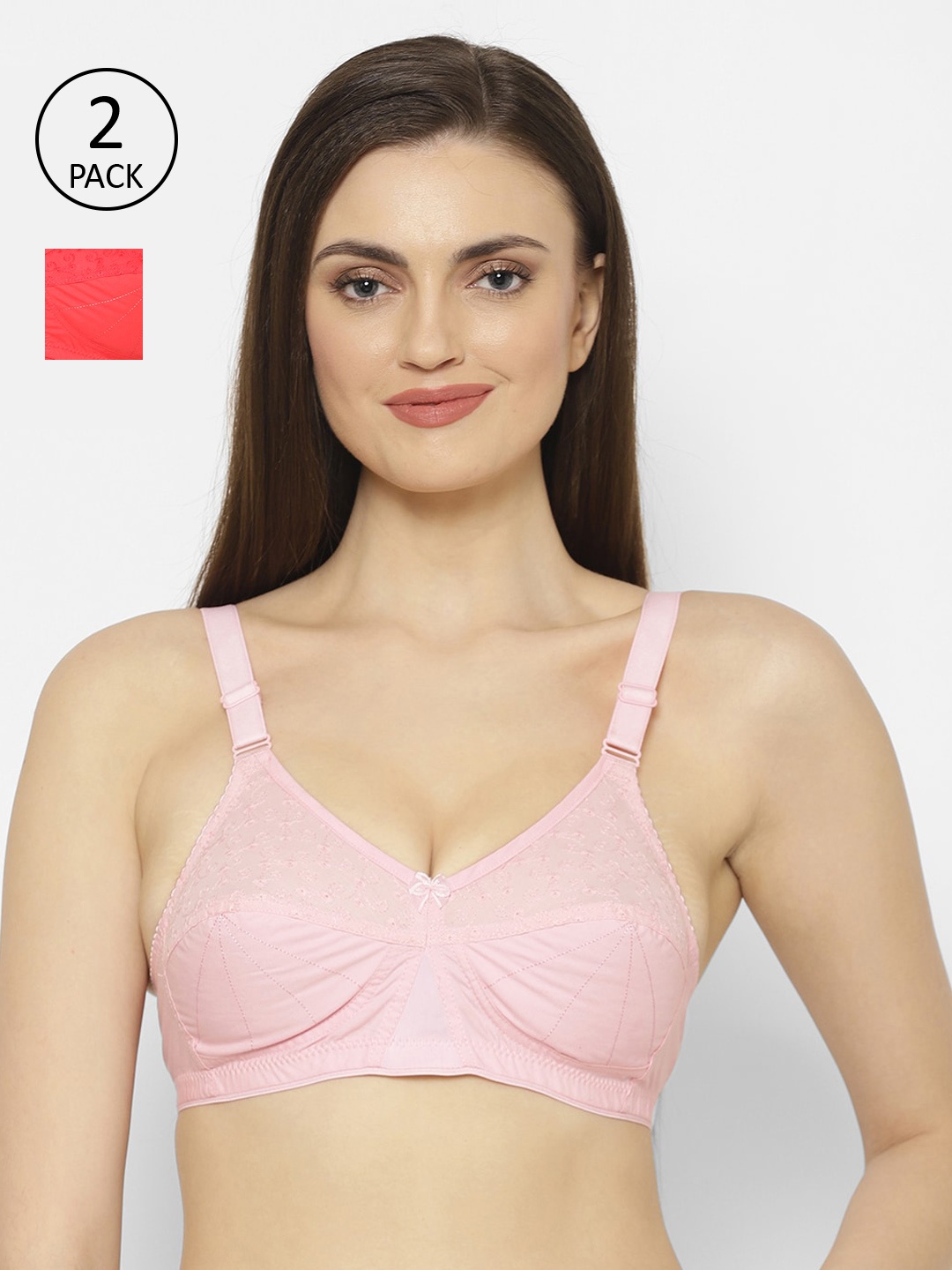 Floret Pink & Coral Self Design Non-Wired Non Padded Set of 2 Everyday Bra