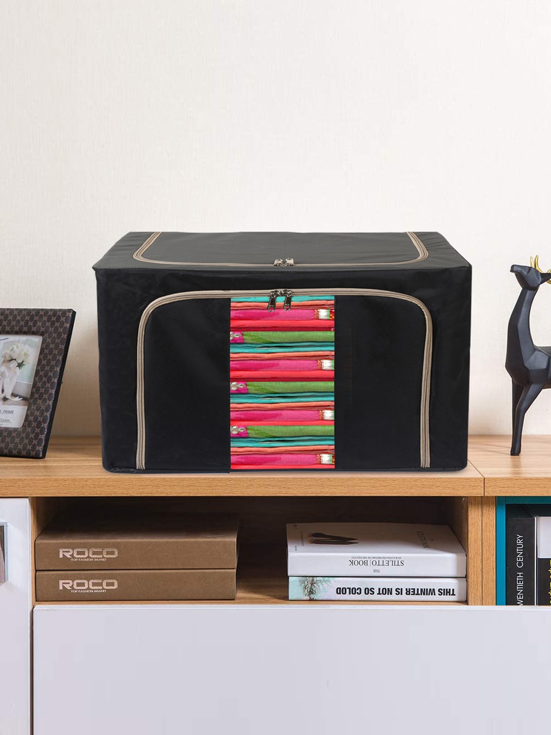 

Kuber Industries Black Solid Foldable Stackable Container Organizer
