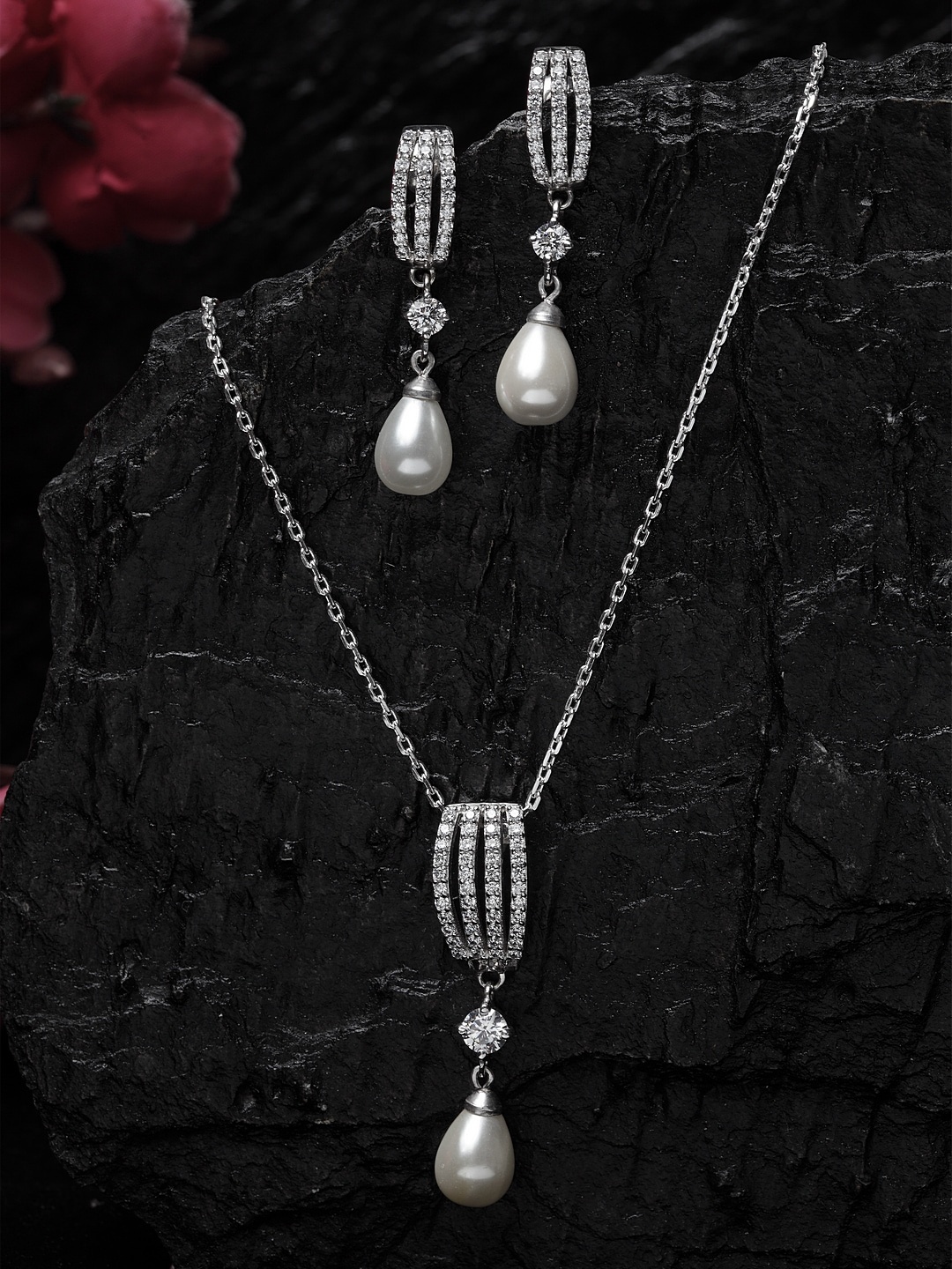 

Clara 92.5 Sterling Silver Rhodium-Plated White CZ & Pearl Studded Classic Jewellery Set