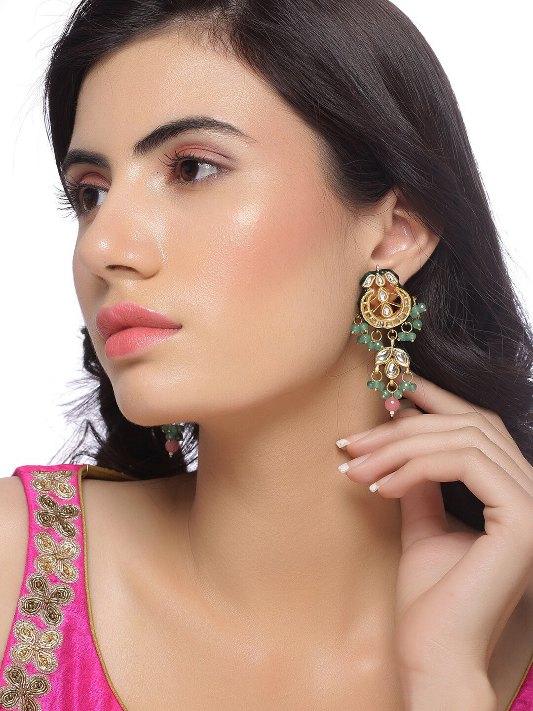 

Shoshaa Green & Gold-Toned Crescent Shaped Drop Earrings