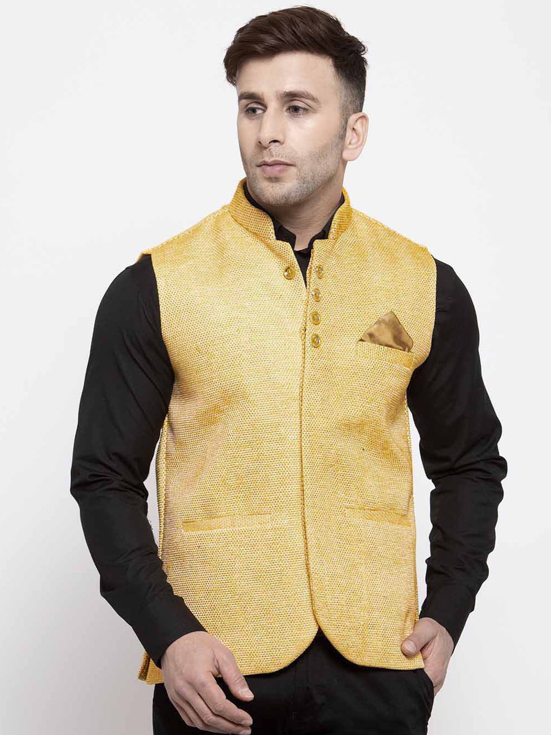 

KLOTTHE Men Yellow Woven Design Nehru Jacket