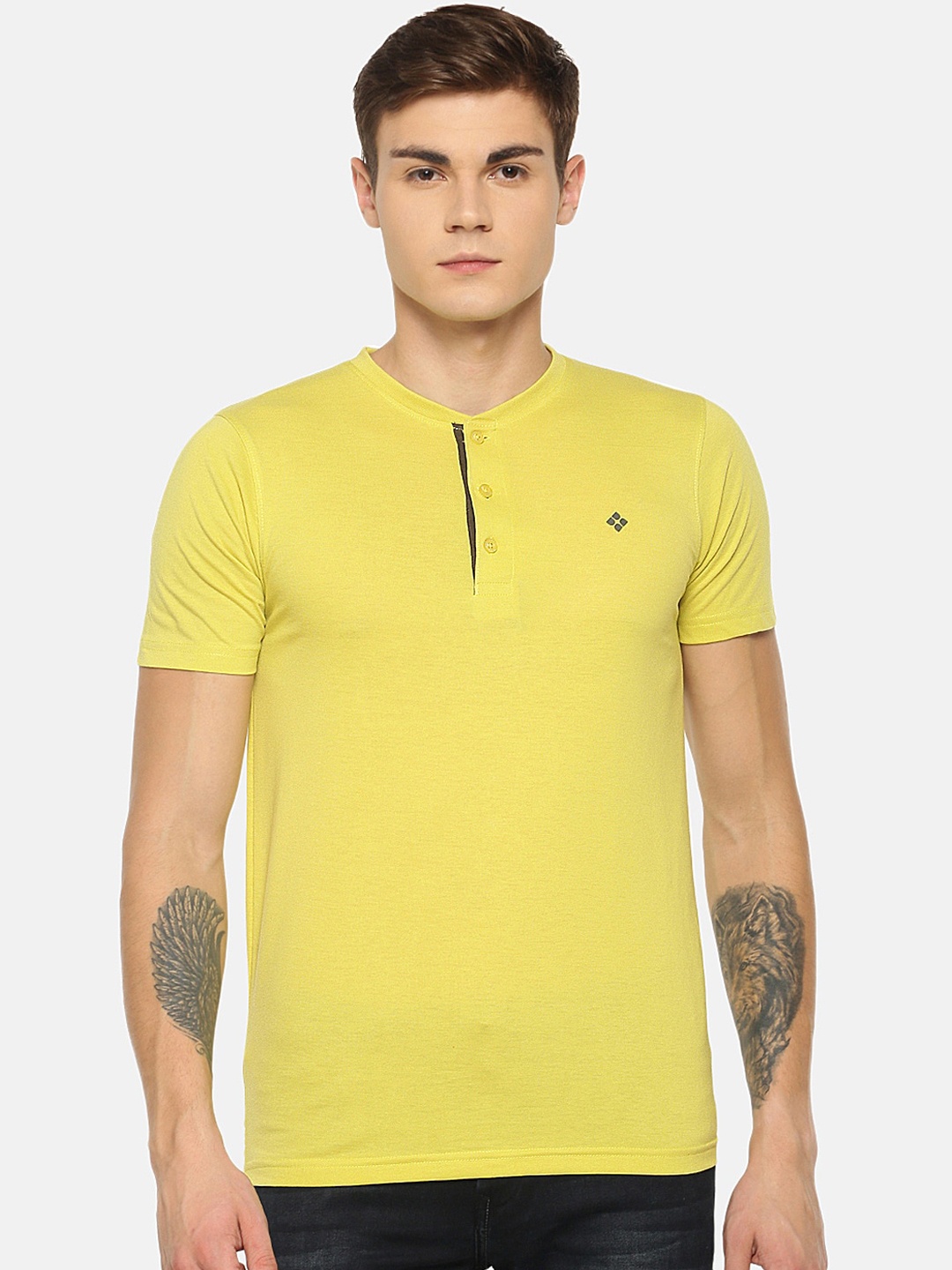 Dollar Men Yellow Solid Henley Neck T-shirt