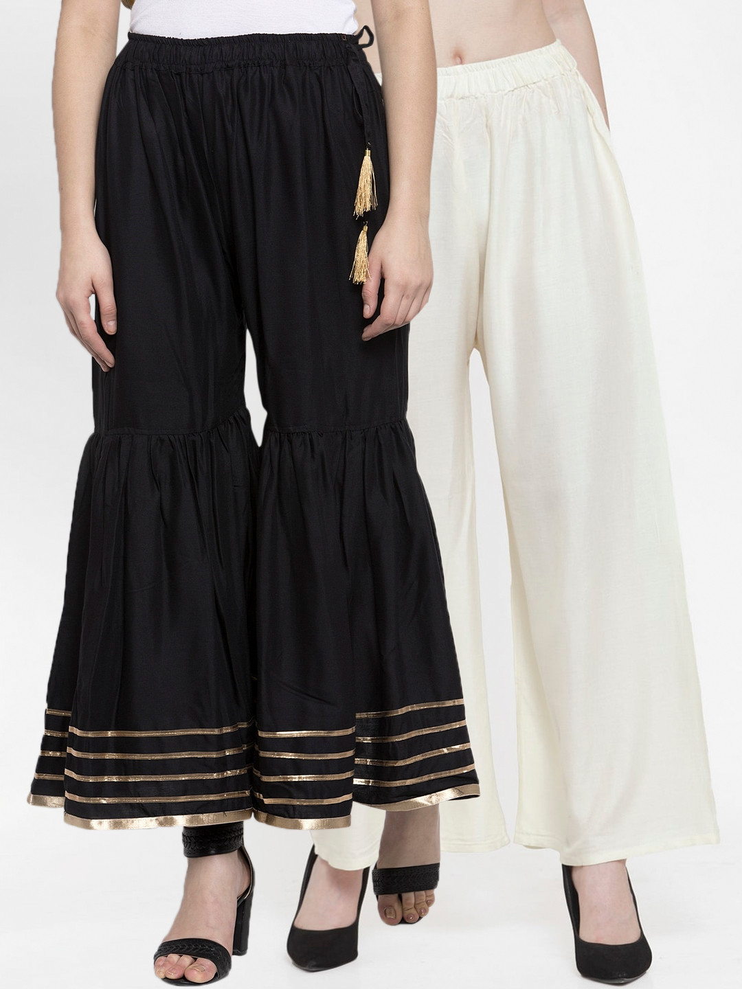 

TAG 7 Women Pack of 2 Black & Off-White Solid Flared Palazzos