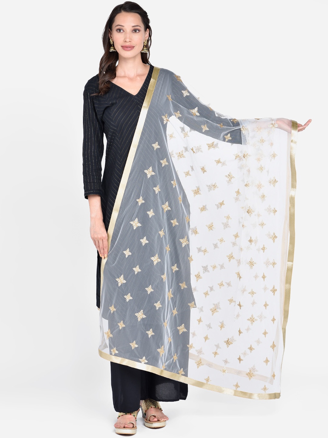 Dupatta Bazaar White & Gold-Toned Embroidered Dupatta