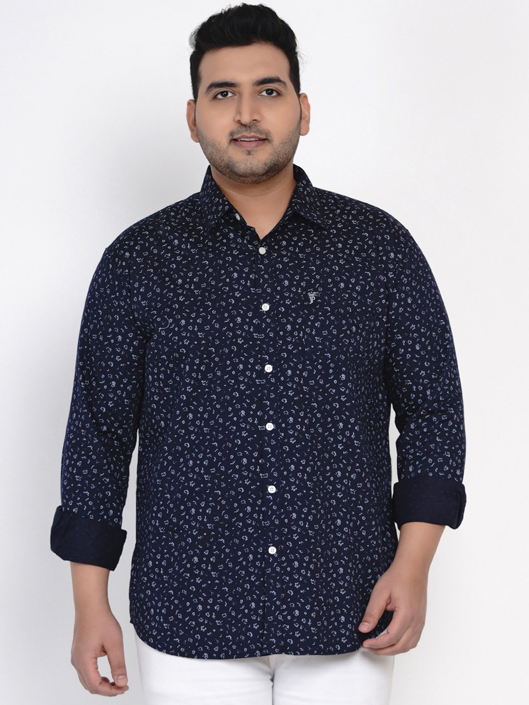 

John Pride Men Plus Size Navy Blue Printed Casual Shirt