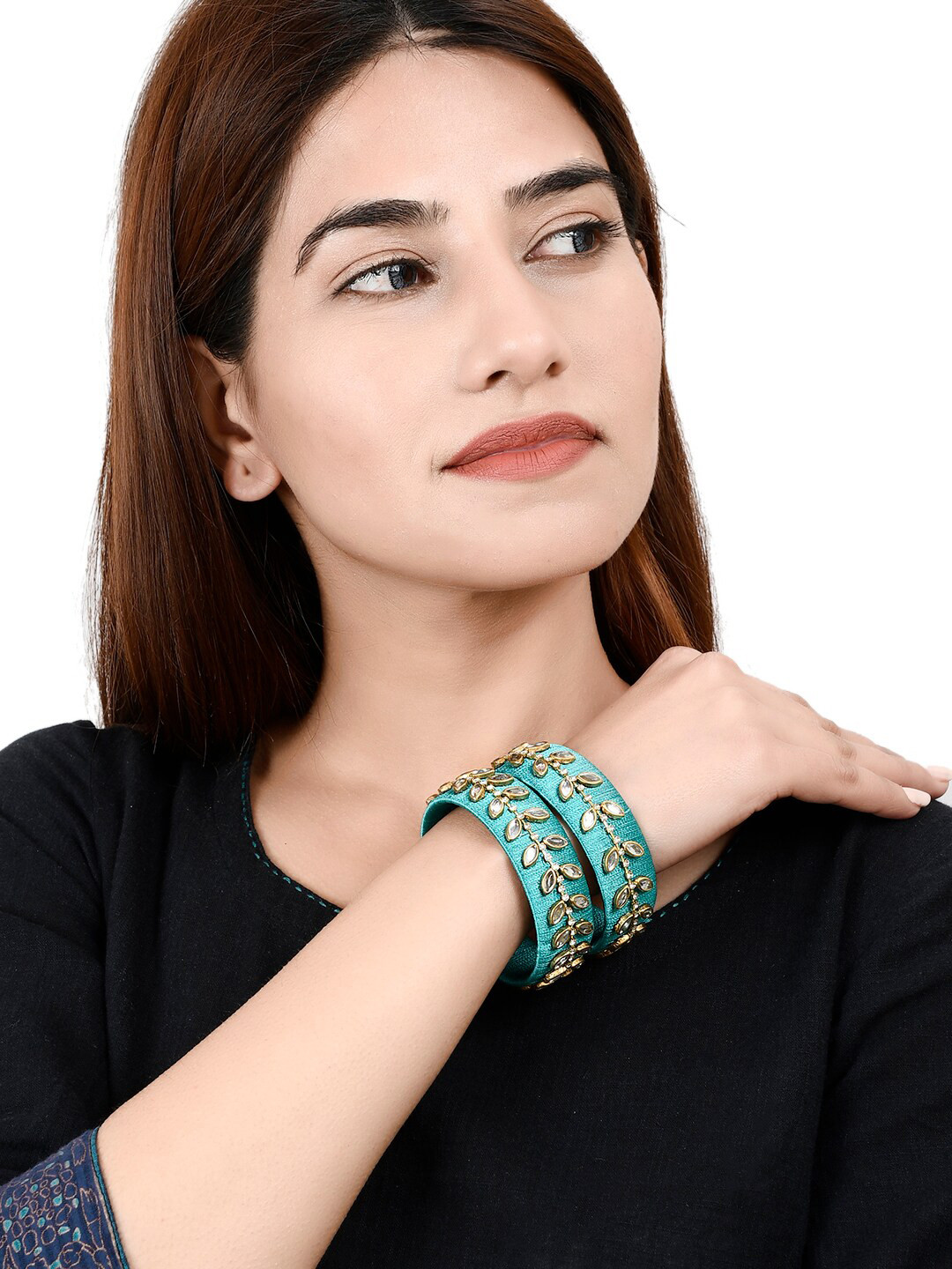 

Silvermerc Designs Set of 2 Gold-Plated Blue & White Kundan Stone Studded Bangles