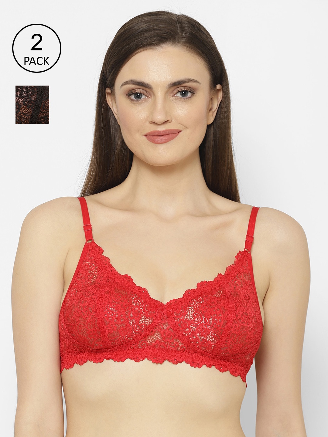 

Floret Black & Red Lace Non-Wired Non Padded Set of 2 T-shirt Bra