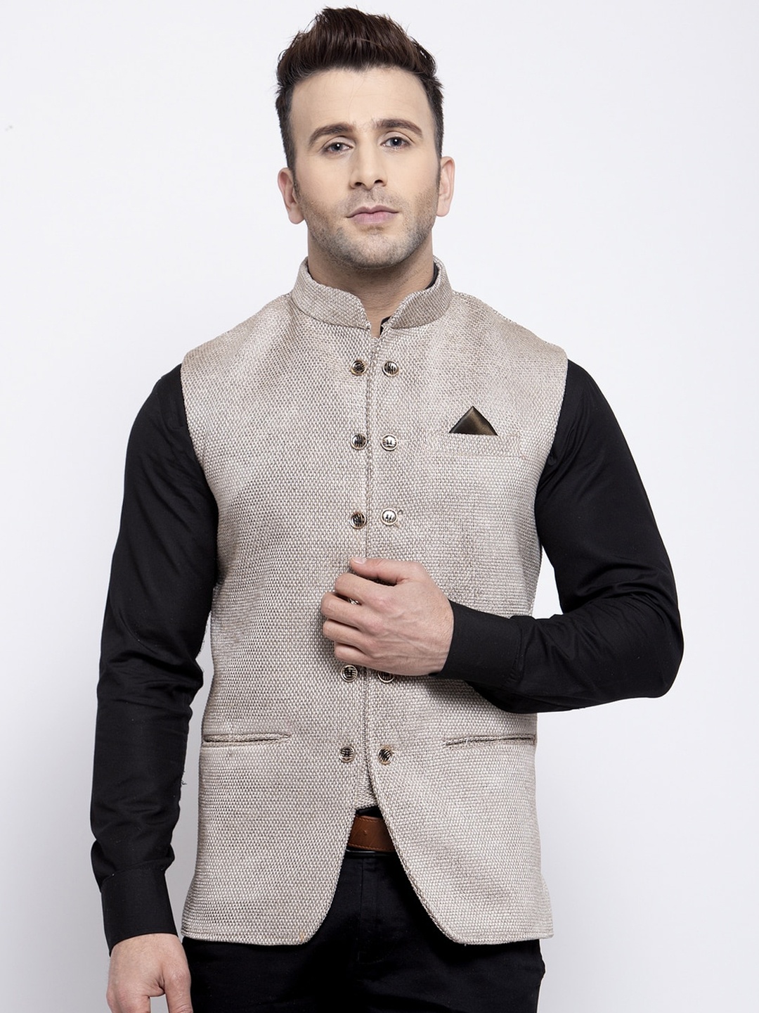 

KLOTTHE Men Beige Woven Design Nehru Jacket