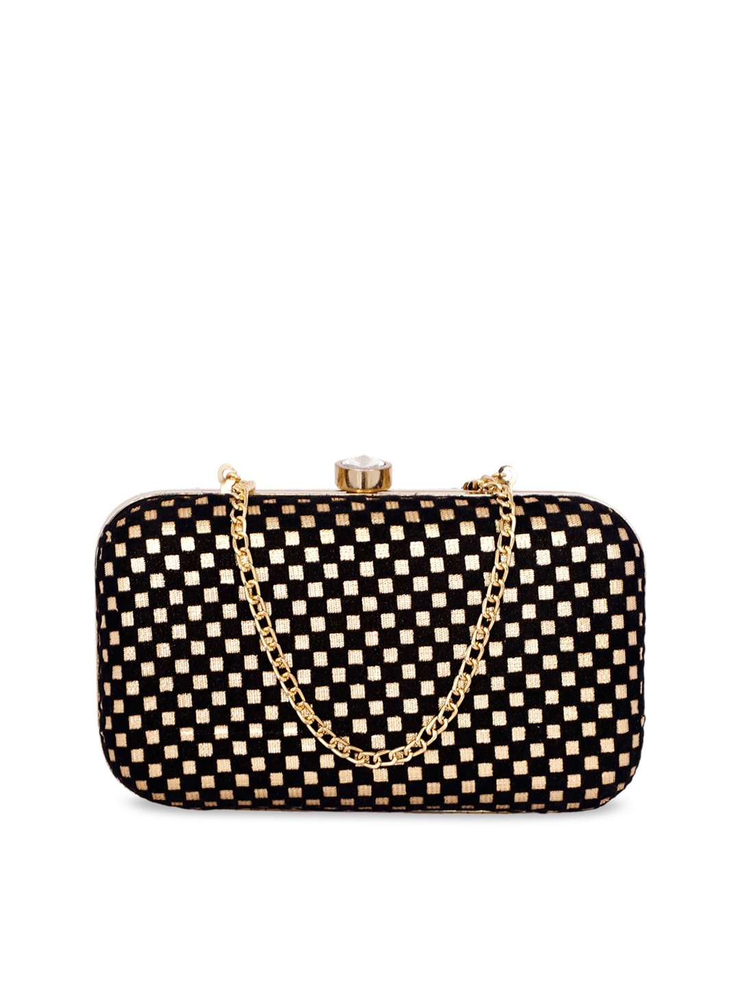 

REZZY Black & Gold-Toned Checked Clutch