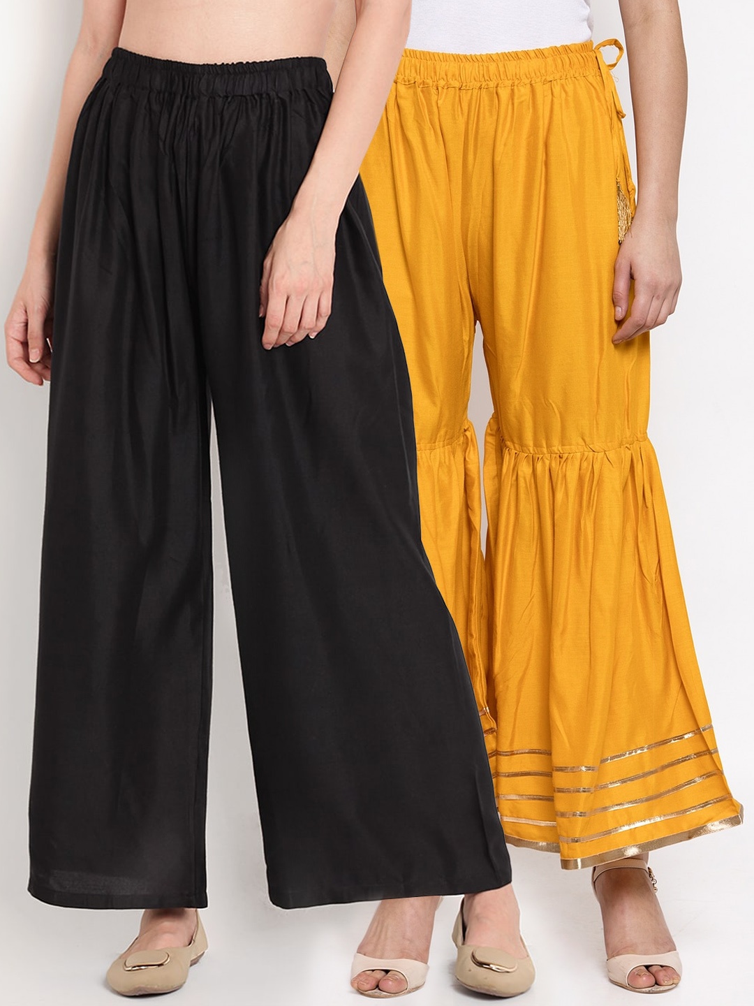

TAG 7 Women Pack of 2 Black & Gold-Toned Solid Flared Palazzos