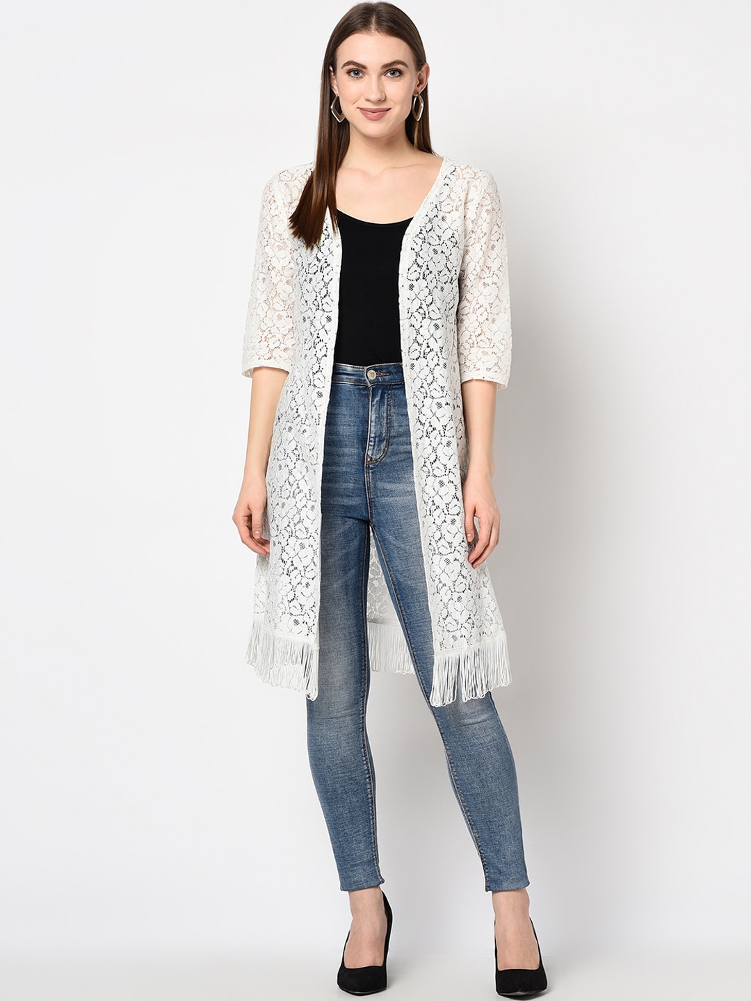 

Espresso Women Off-White Self Design Open Front Shrug