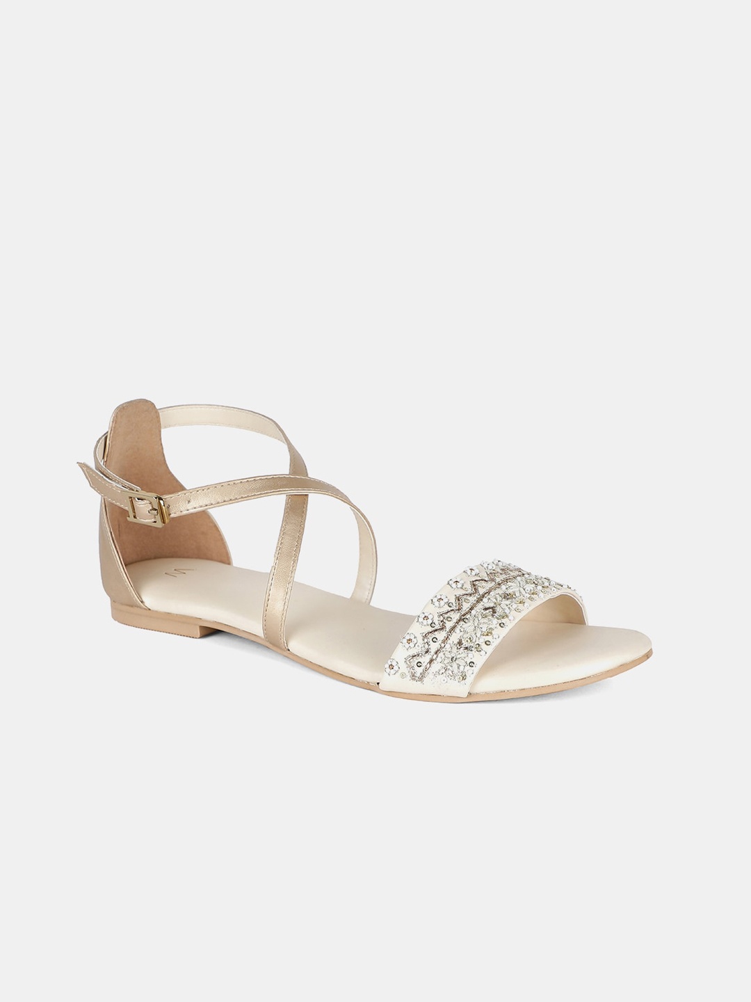 

W Women Gold-Toned Embellished PU Open Toe Flats