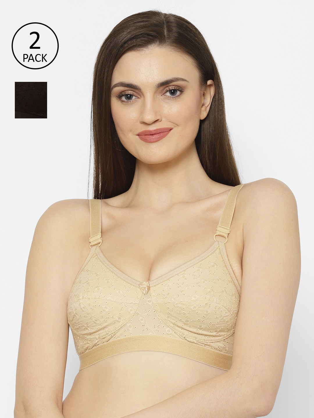 

Floret Pack of 2 Beige & Black Self Design Non-Wired Non Padded Everyday Bras