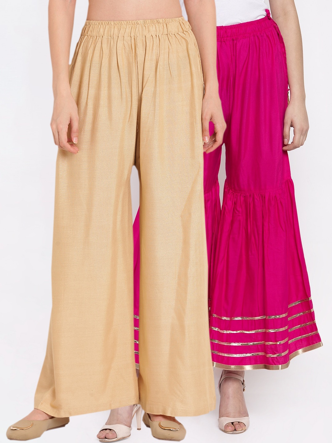 

TAG 7 Women Fuchsia & Beige Set of 2 Flared Palazzos