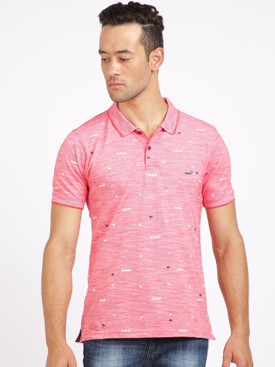 

Crocodile Men Pink Self Design Polo Collar T-shirt