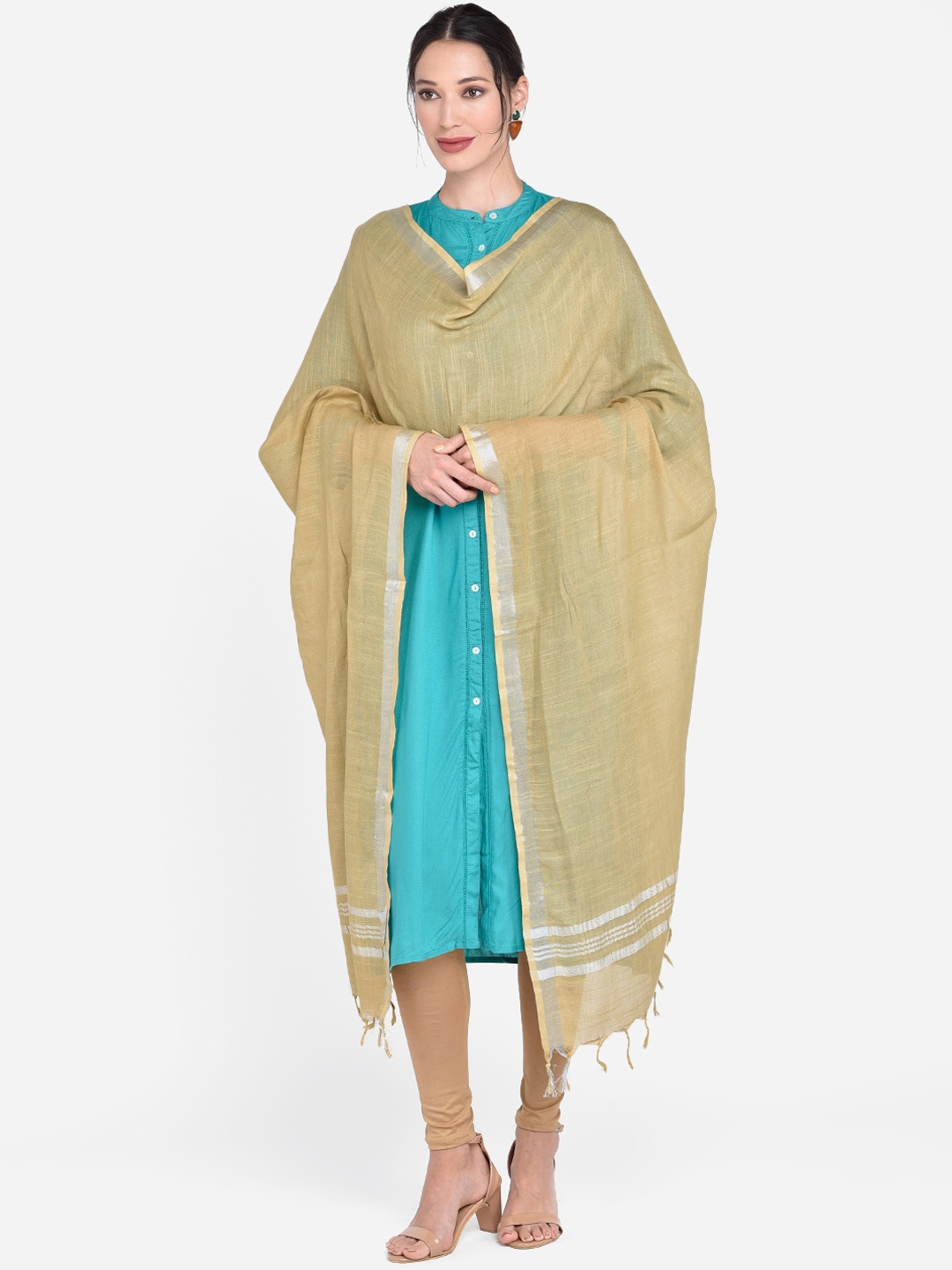 

Dupatta Bazaar Beige & Silver-Toned Solid Linen Dupatta