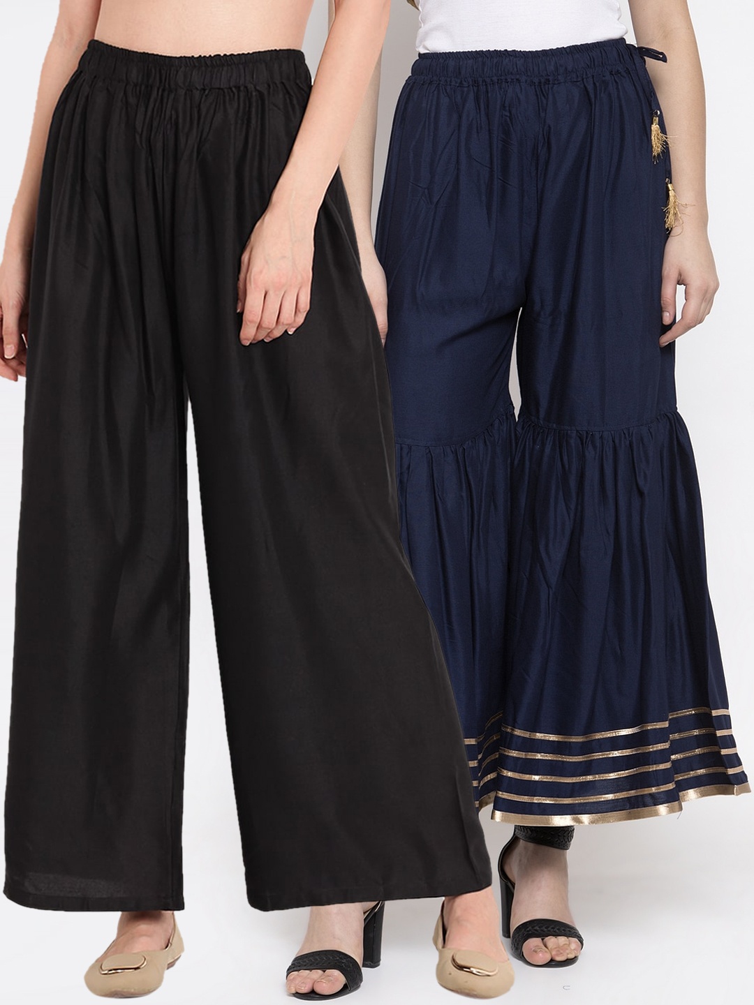 

TAG 7 Women Pack of 2 Navy Blue & Gold-Toned Hem Design Flared Palazzos