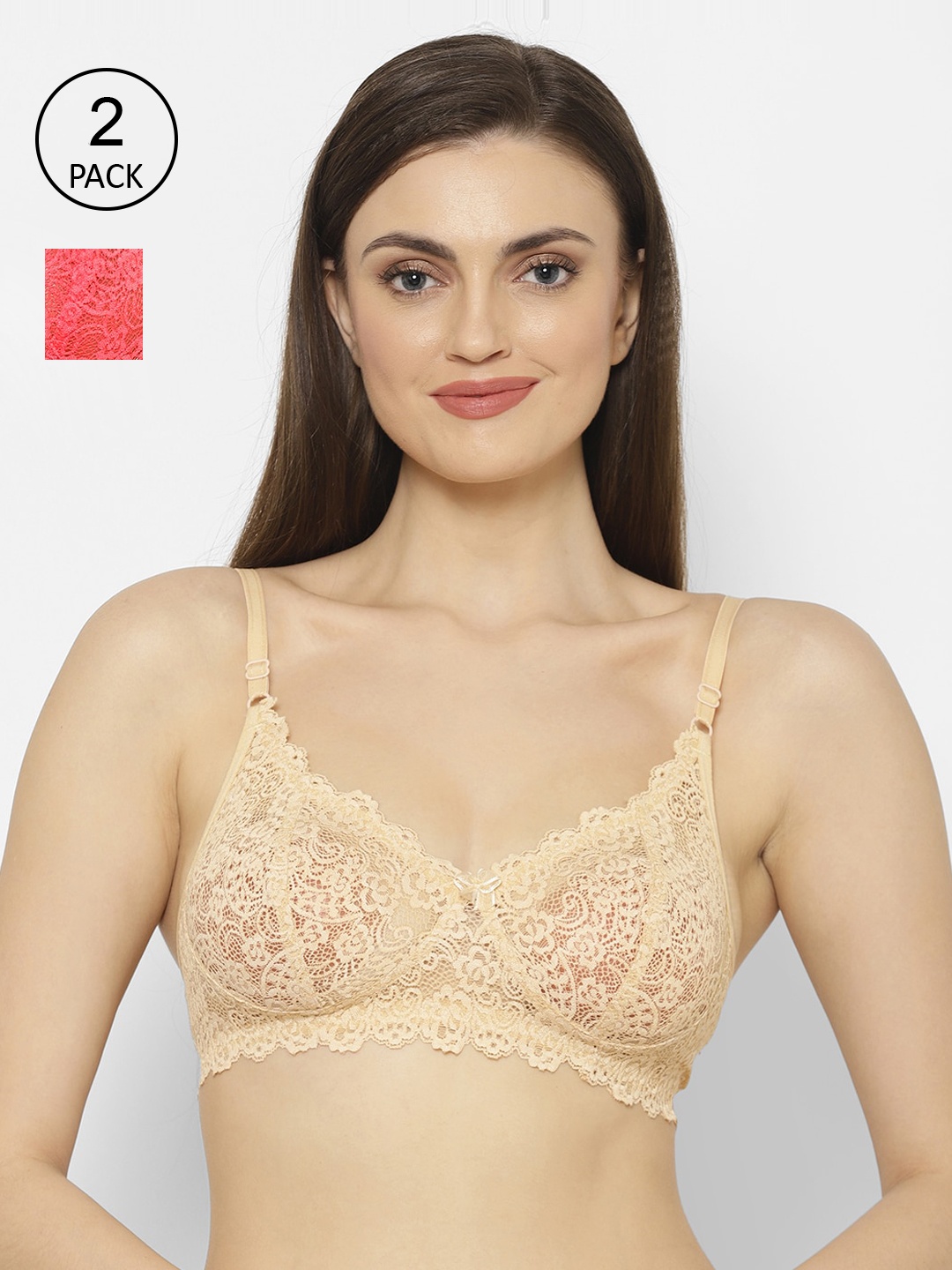 

Floret Pack Of 2 Lace Non-Wired Non Padded T-shirt Bras, Beige