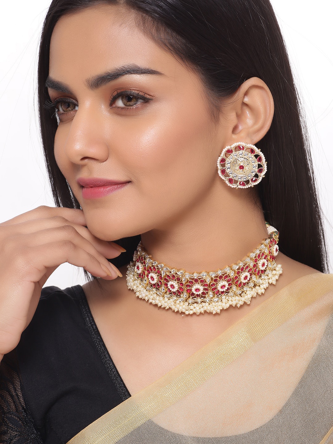 

Shoshaa Gold-Plated Red & White Kundan & Ruby Studded Beaded Choker Jewellery Set