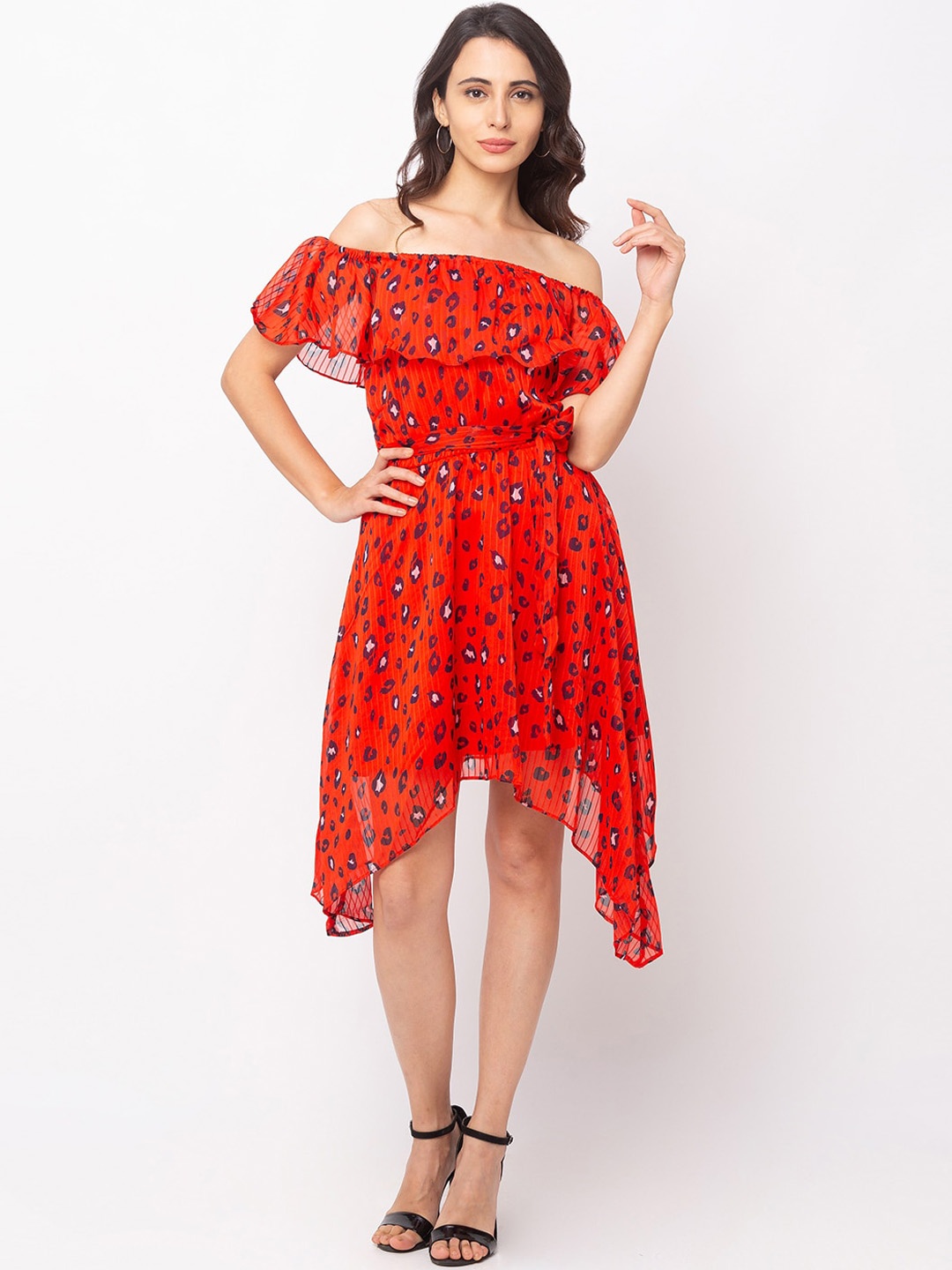 

Globus Women Orange Printed Fit and Flare Dress