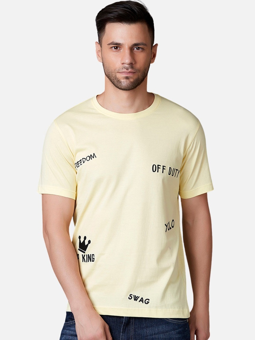 

MARCA Disati Men Yellow Printed Cotton Round Neck Pure Cotton T-shirt