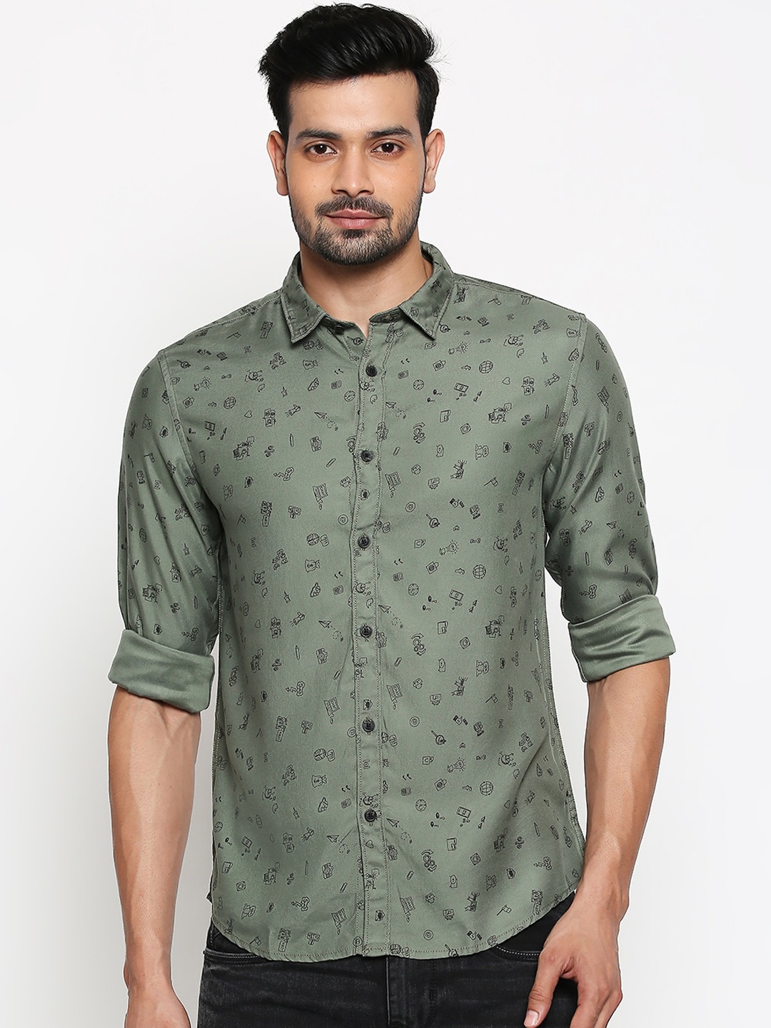 

People Men Olive Green Slim Fit Printed Casual Shirt