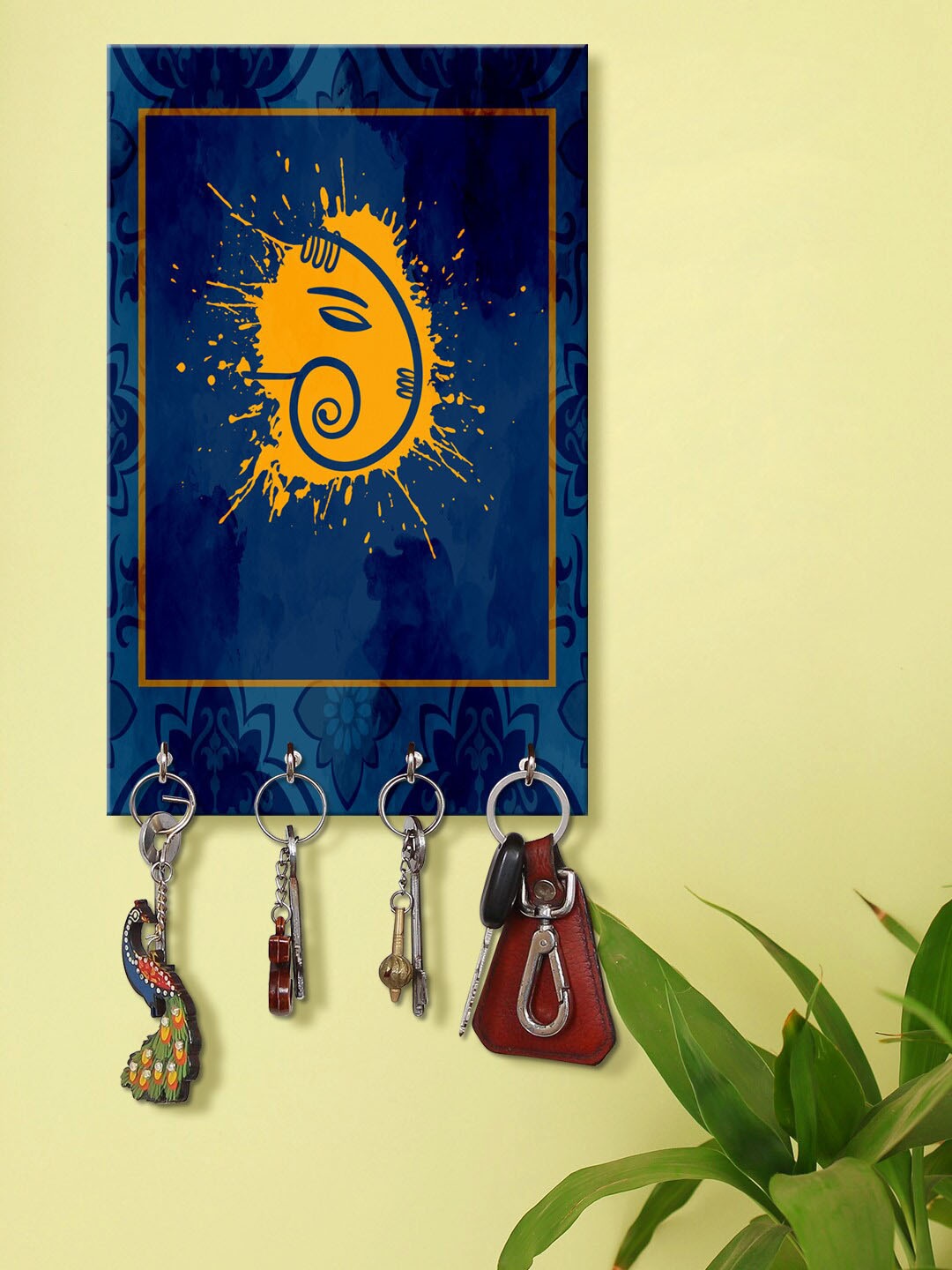 

999Store Blue & Yellow Ganesha Face Pattern Wooden Key Holder With 4 Hooks