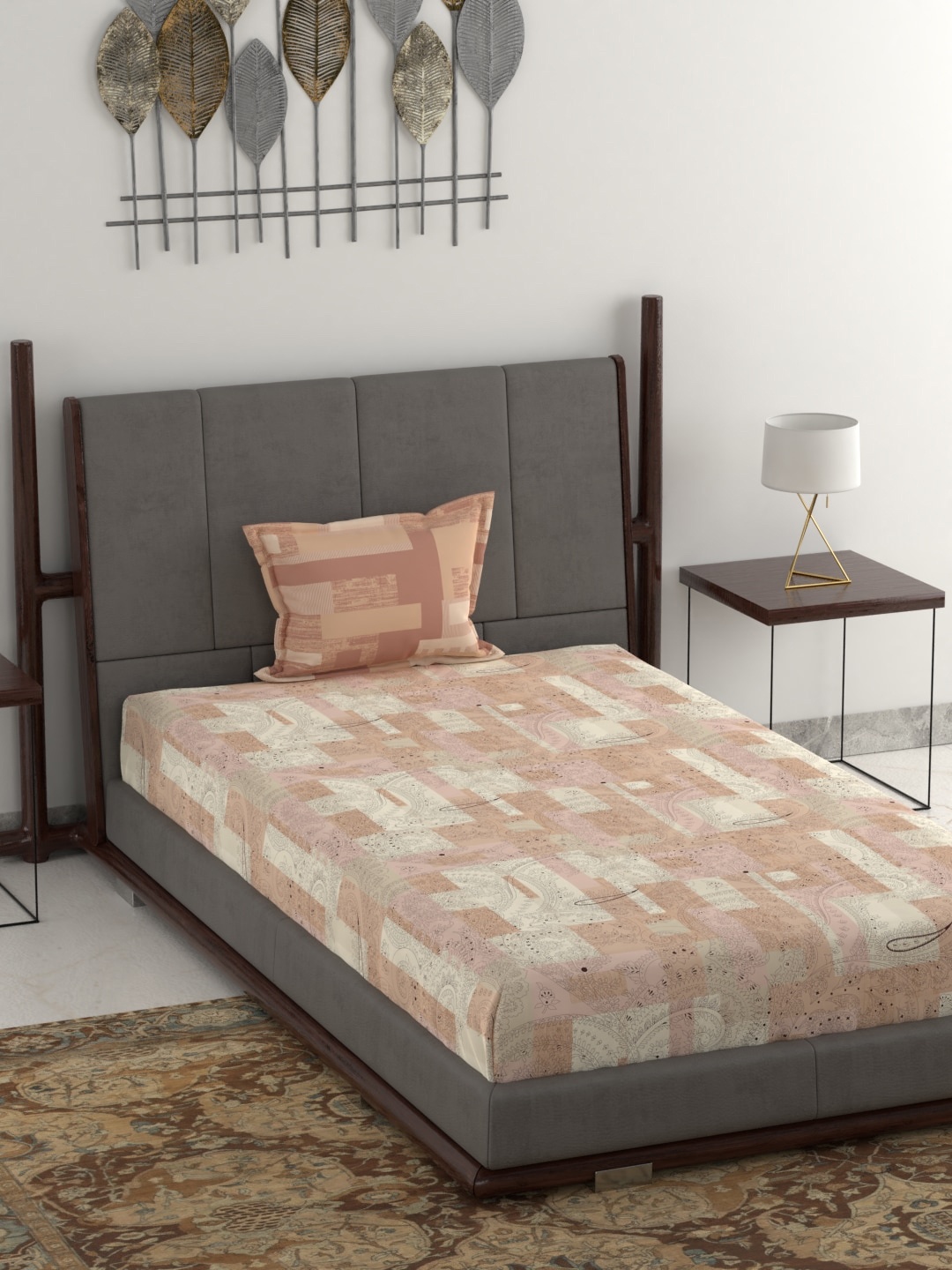

MYTRIDENT Unisex Cream-Coloured Abstract 144TC Single Bedsheet With Pillow Cover