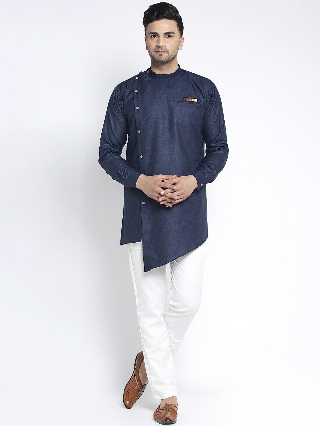 

Benstoke Men Navy Blue & White Solid Angrakha Kurta with Trousers
