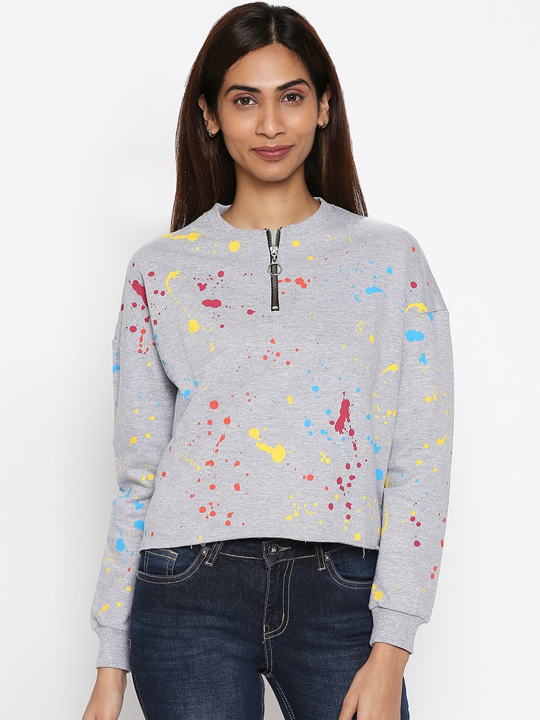 People Women Grey Printed Cotton Sweatshirt