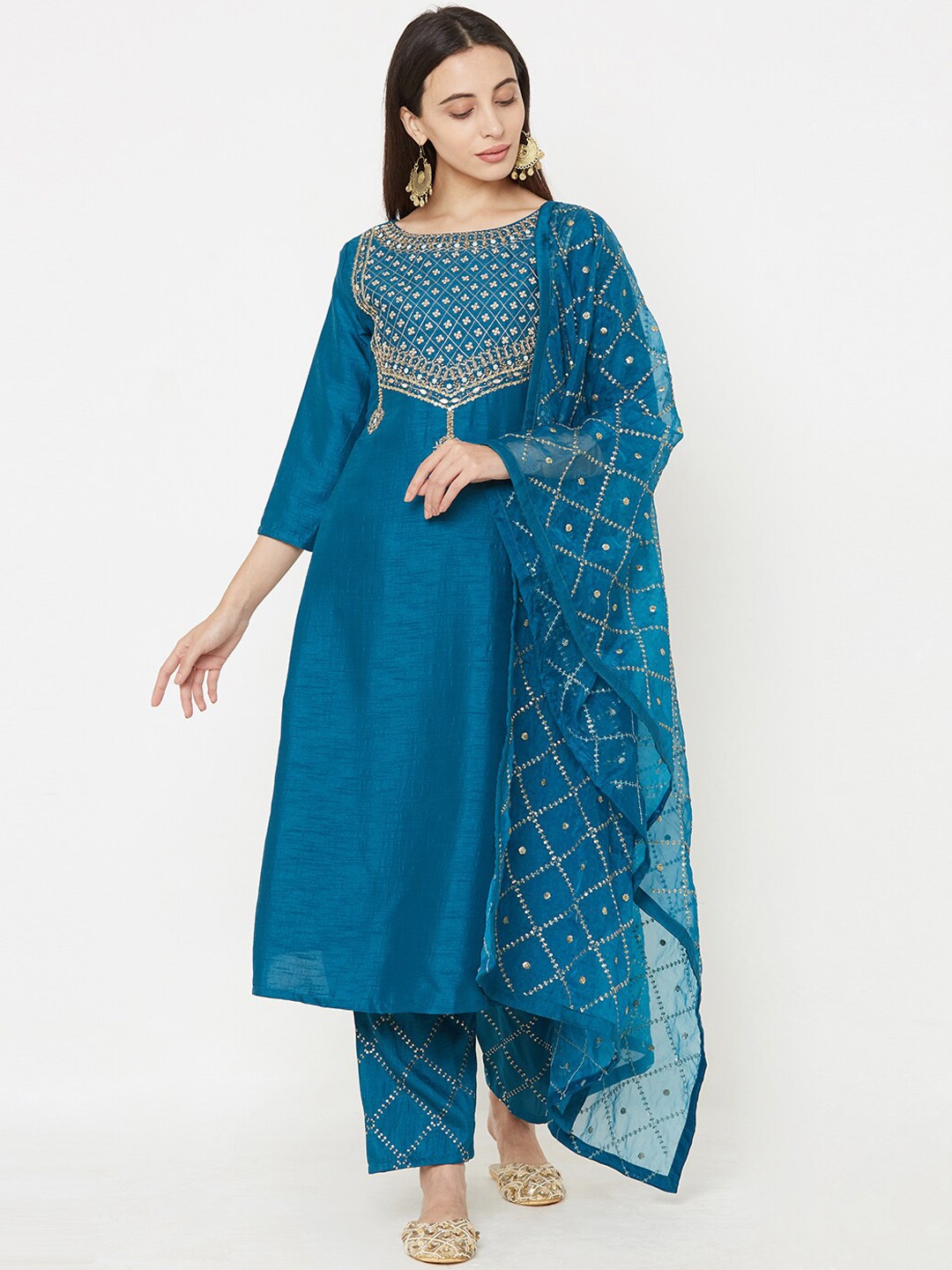 

FASHOR Women Teal Blue Embroidered Kurta with Trousers & Dupatta