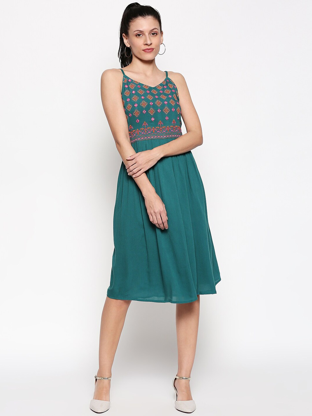 

People Women Green Printed Fit and Flare Dress