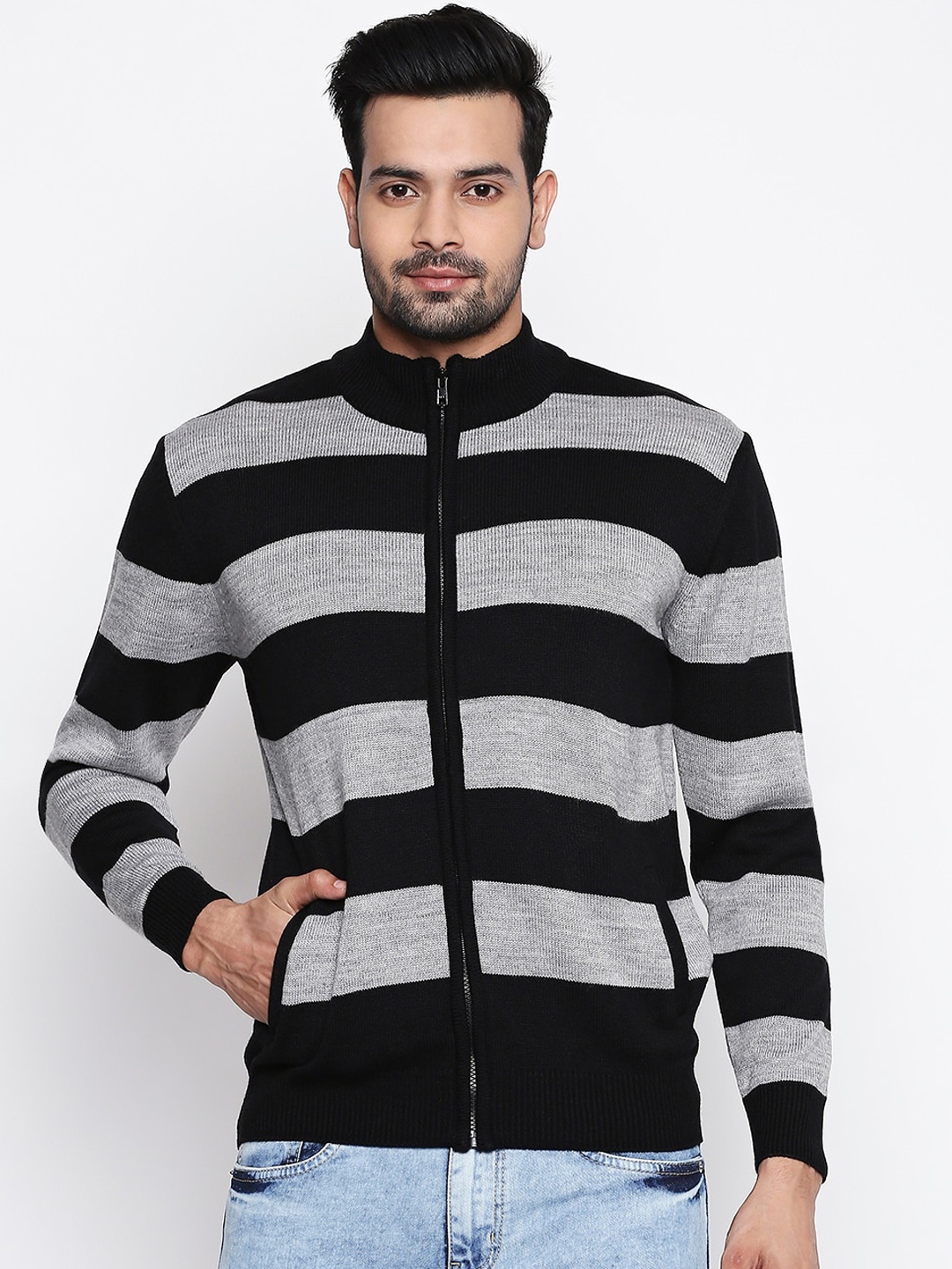 

BYFORD by Pantaloons Men Black & Grey Striped Acrylic Cardigan