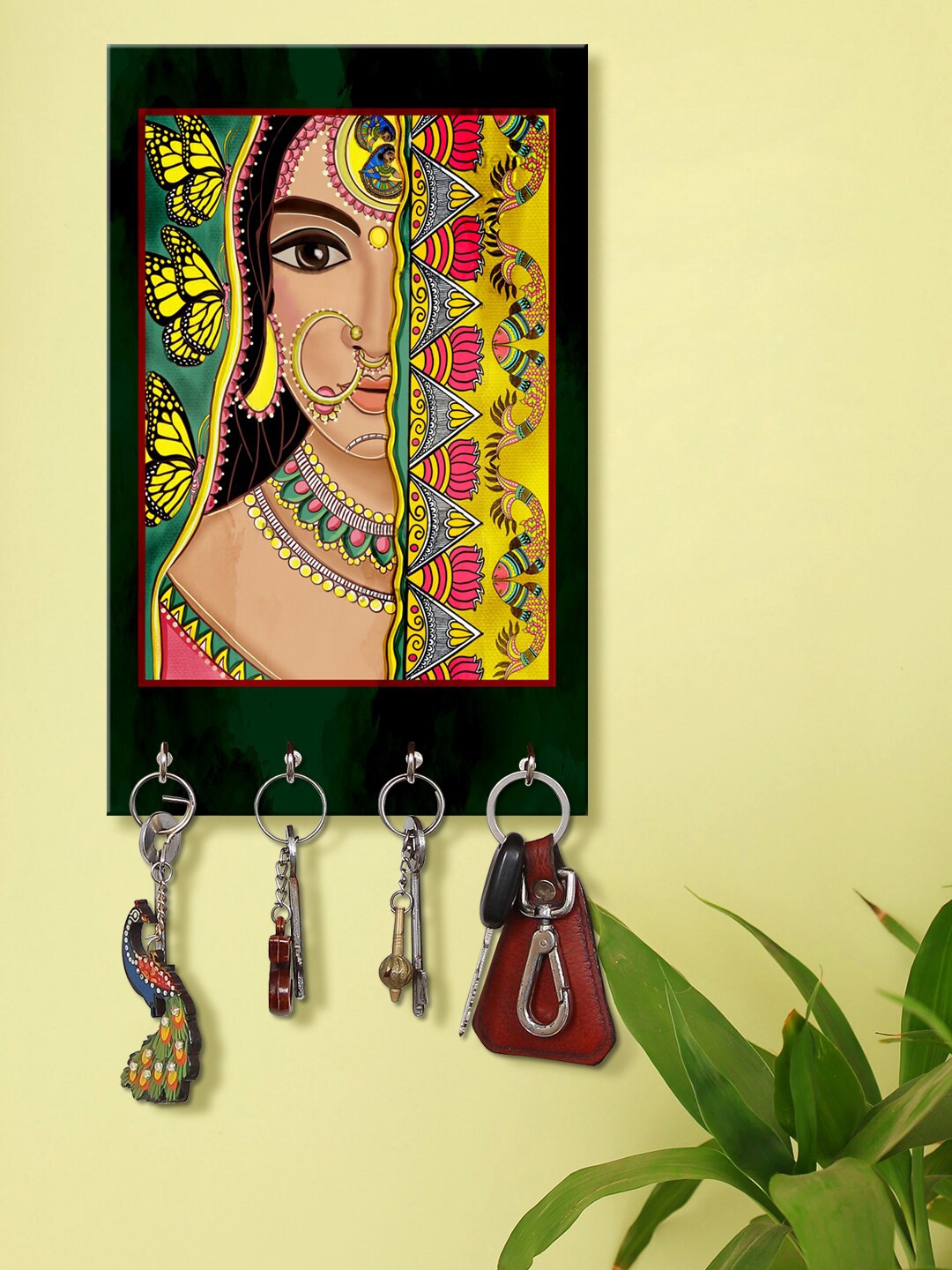 

999Store Yellow & Nude-coloured Indian Women Face Wall Mount Wooden Keyholder